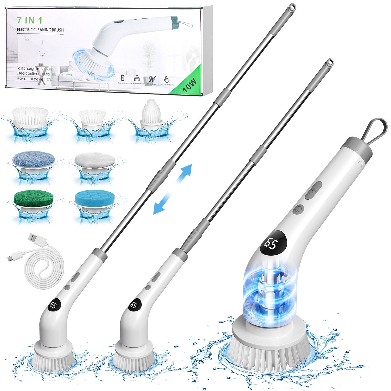 Amiluo Electric Spin Scrubber, Cordless Bathroom Cleaning Brush with Extension Handle and 7 Replaceable Heads (50 in) 2168s