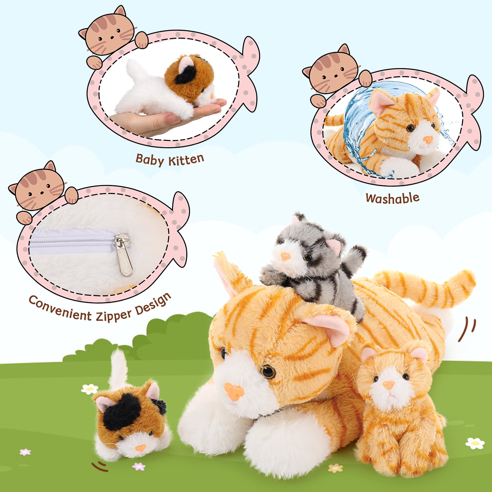 Muiteiur Cat Stuffed Animal Set with 3 Baby Kittens (Yellow, 15.7 in) n2xp4