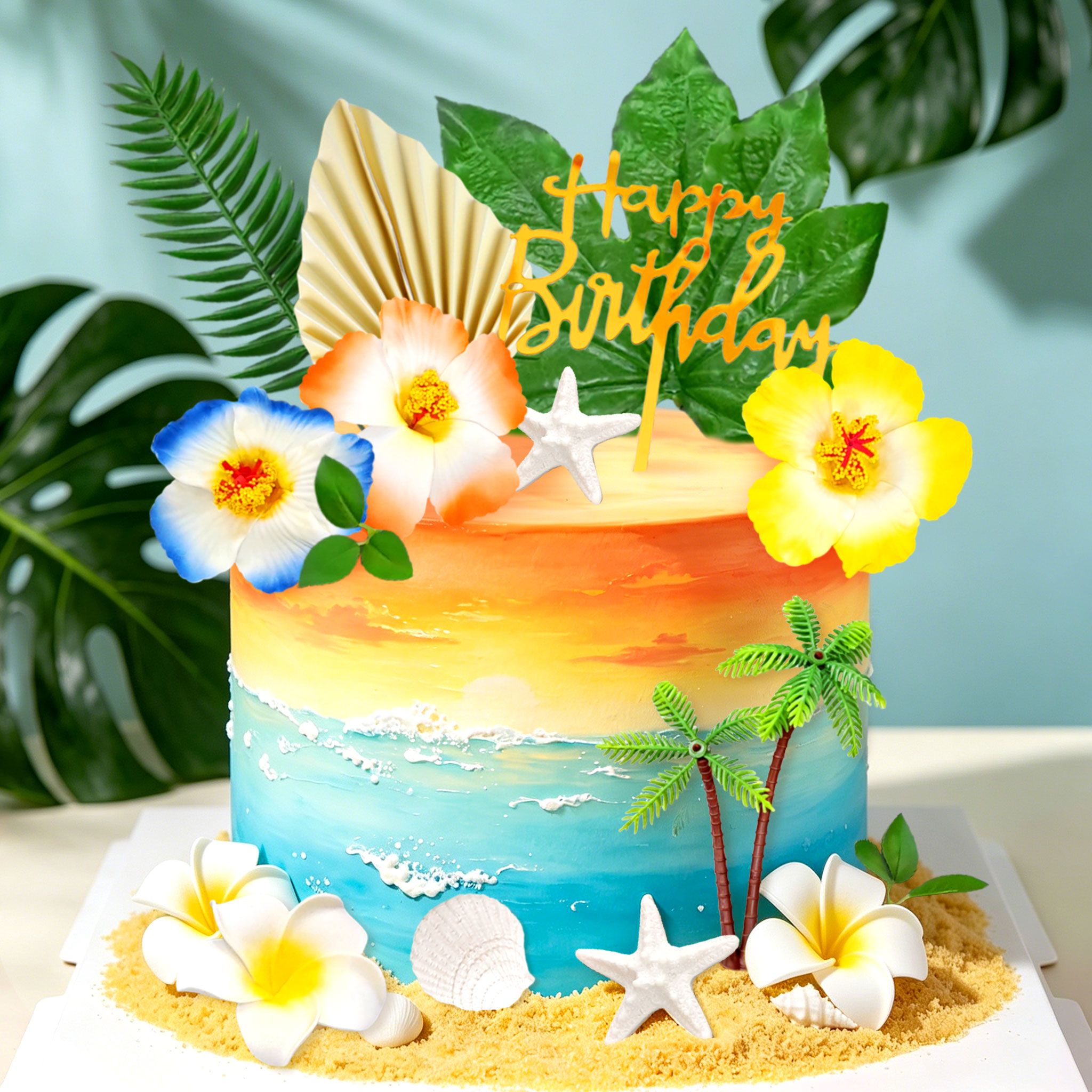 Roaring Good Time Hawaiian Beach Ocean Cake Topper Set (Tropical Party Decor, 16-Piece) h16uz