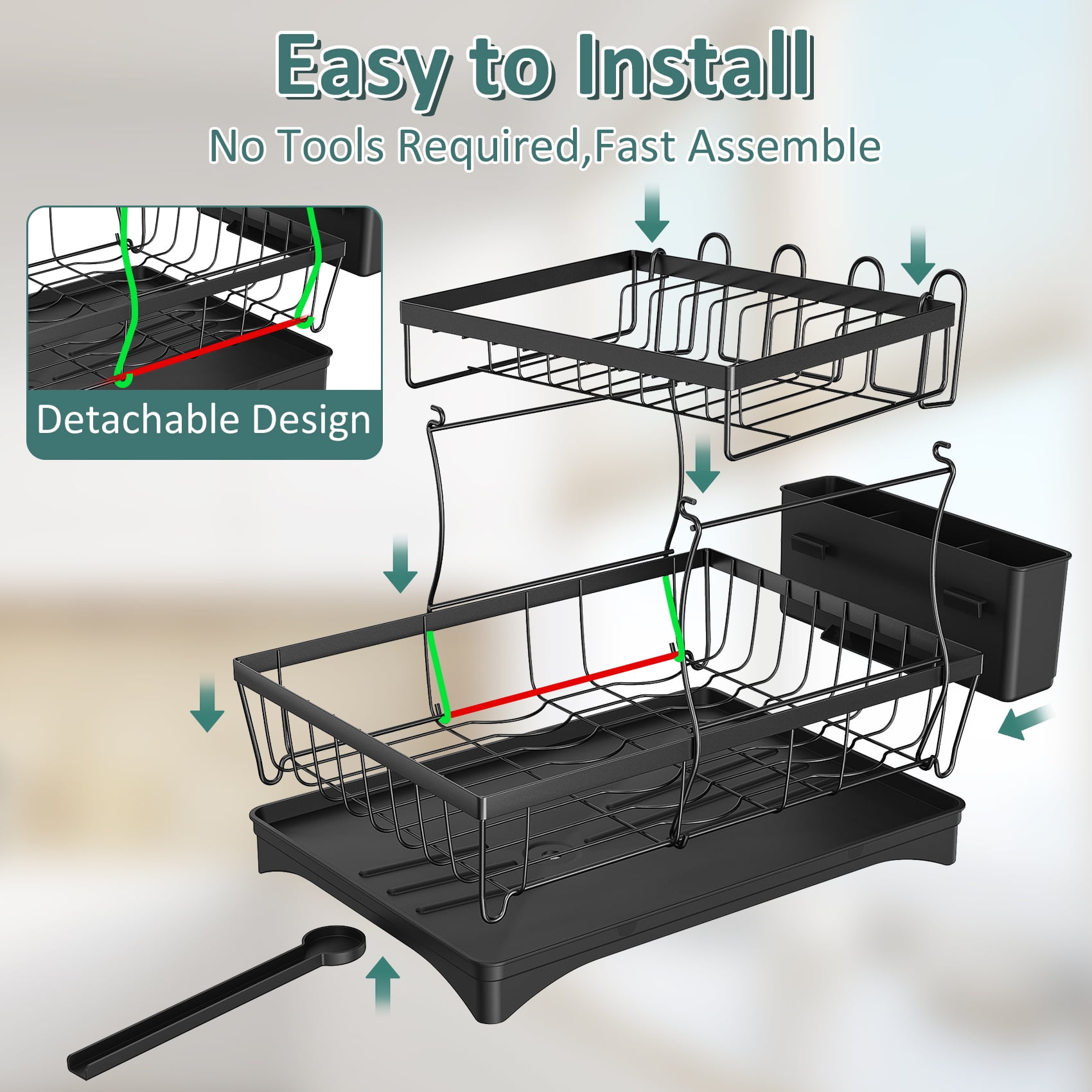 Glovv 2-Tier Dish Drying Rack, Heavy-Duty Kitchen Counter Organizer with Auto Drainage System (Black, 15.75 in x 11 in x 12.4 in) 7vwg1