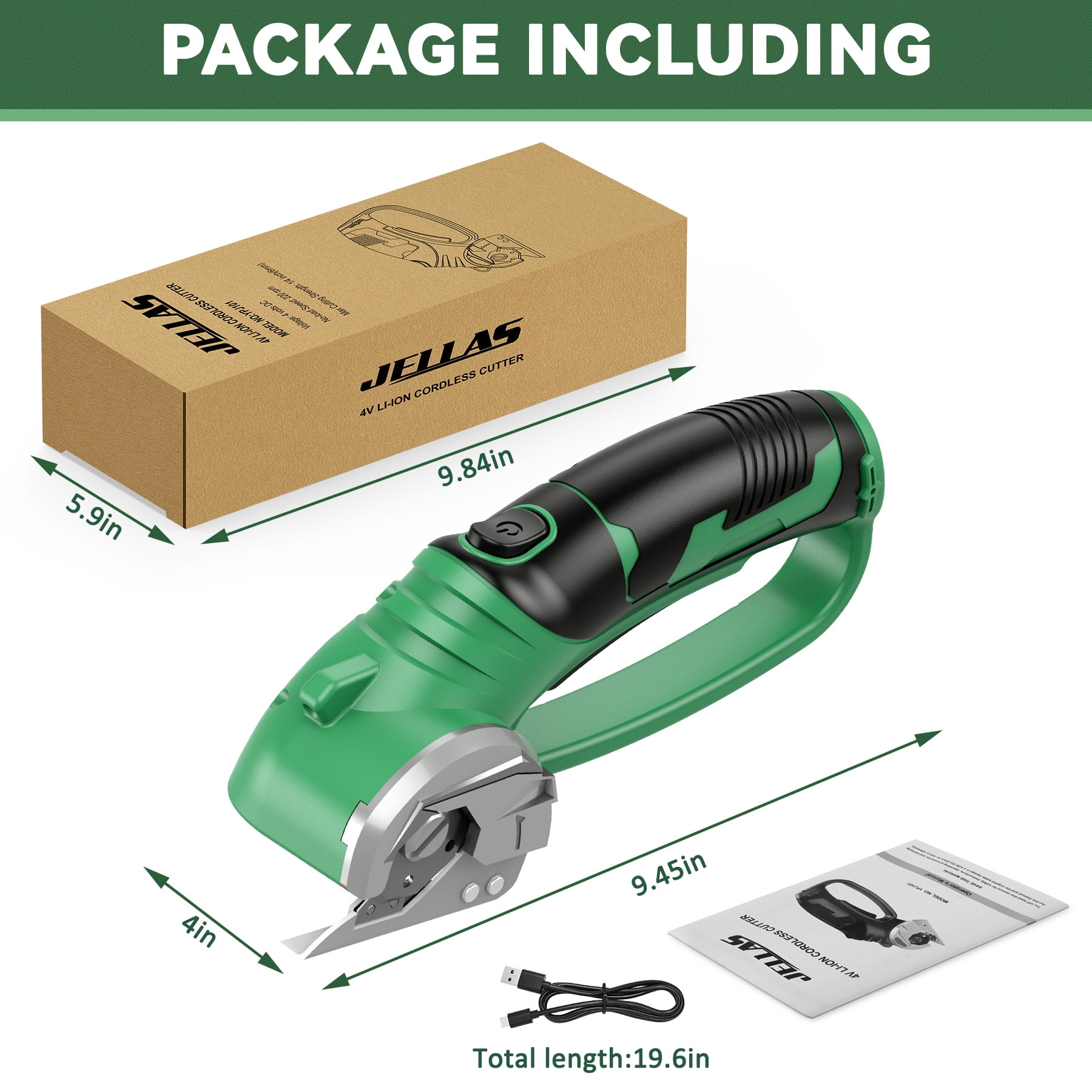Jellas Cordless Electric Scissors, Rechargeable Power Cutter for Cardboard, Fabric, and Leather (Green, 8 in) 9x6ac