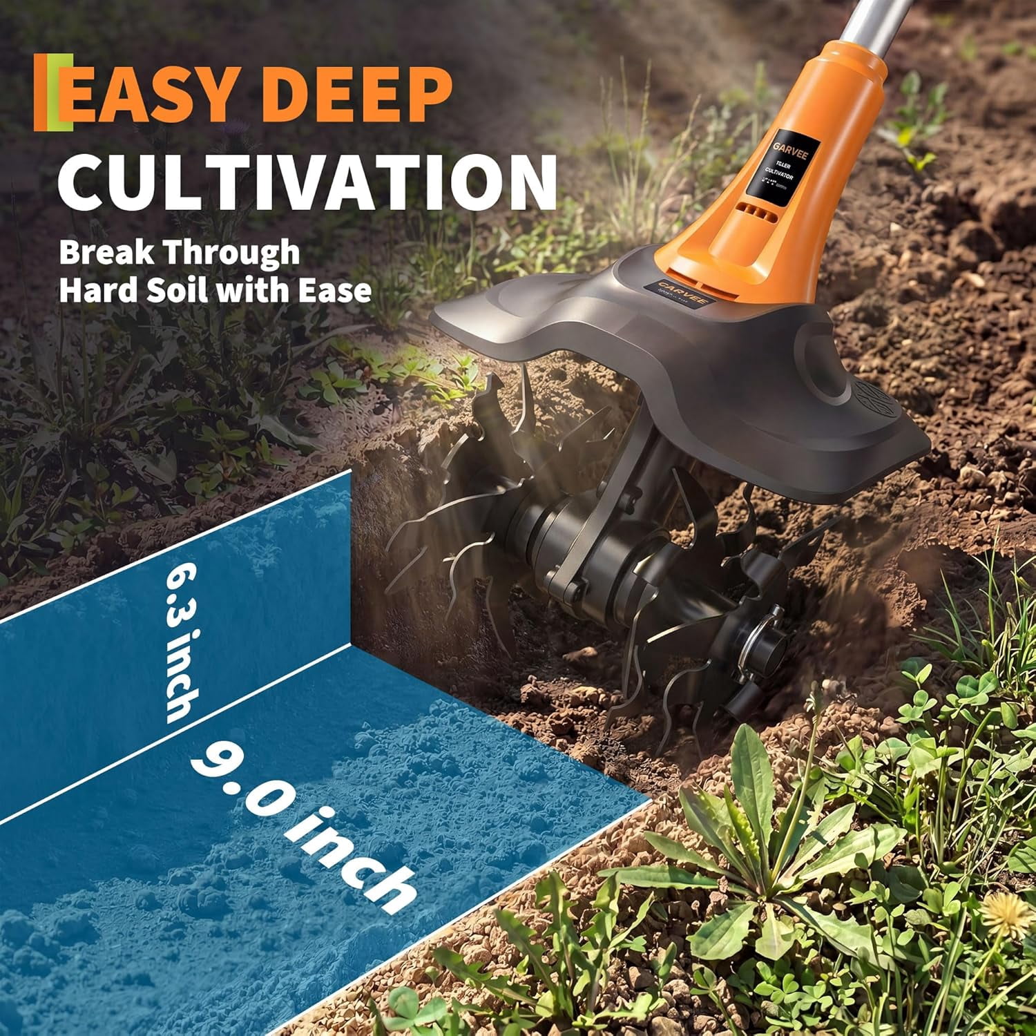 GARVEE Cordless Garden Tiller Cultivator, Electric Soil Rototiller with 2 Batteries & Charger (Black, 9 in Width) fdrzm