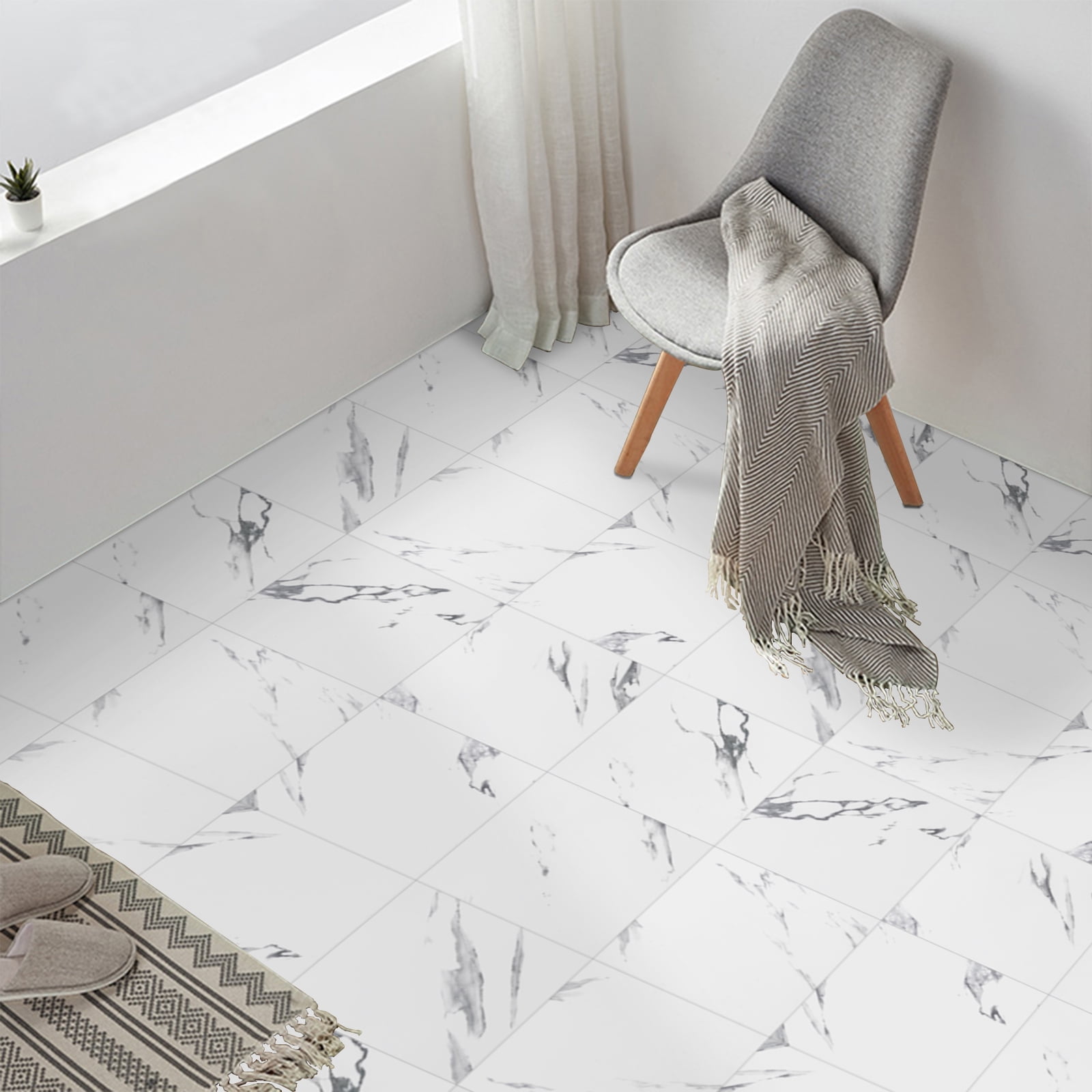 Abyssaly Peel and Stick Vinyl Floor Tiles, Waterproof Marble Design Flooring for Kitchen and Bathroom (White, 12 in x 12 in, 10 Pack) kucl6