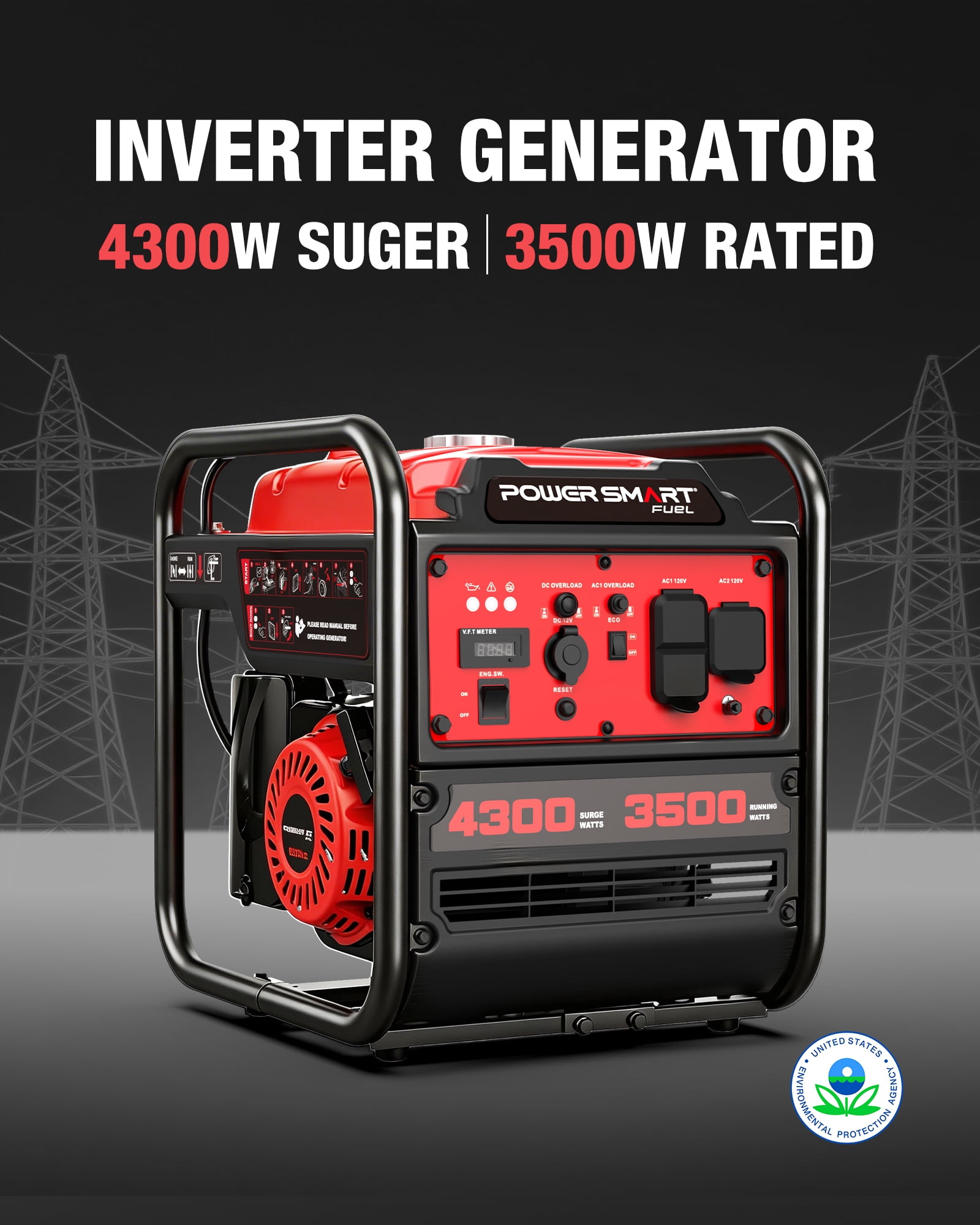 PowerSmart 4300-Watt Portable Inverter Generator (3500 Rated Watts, 223cc Engine, RV-Ready, 68 lbs) l31zd