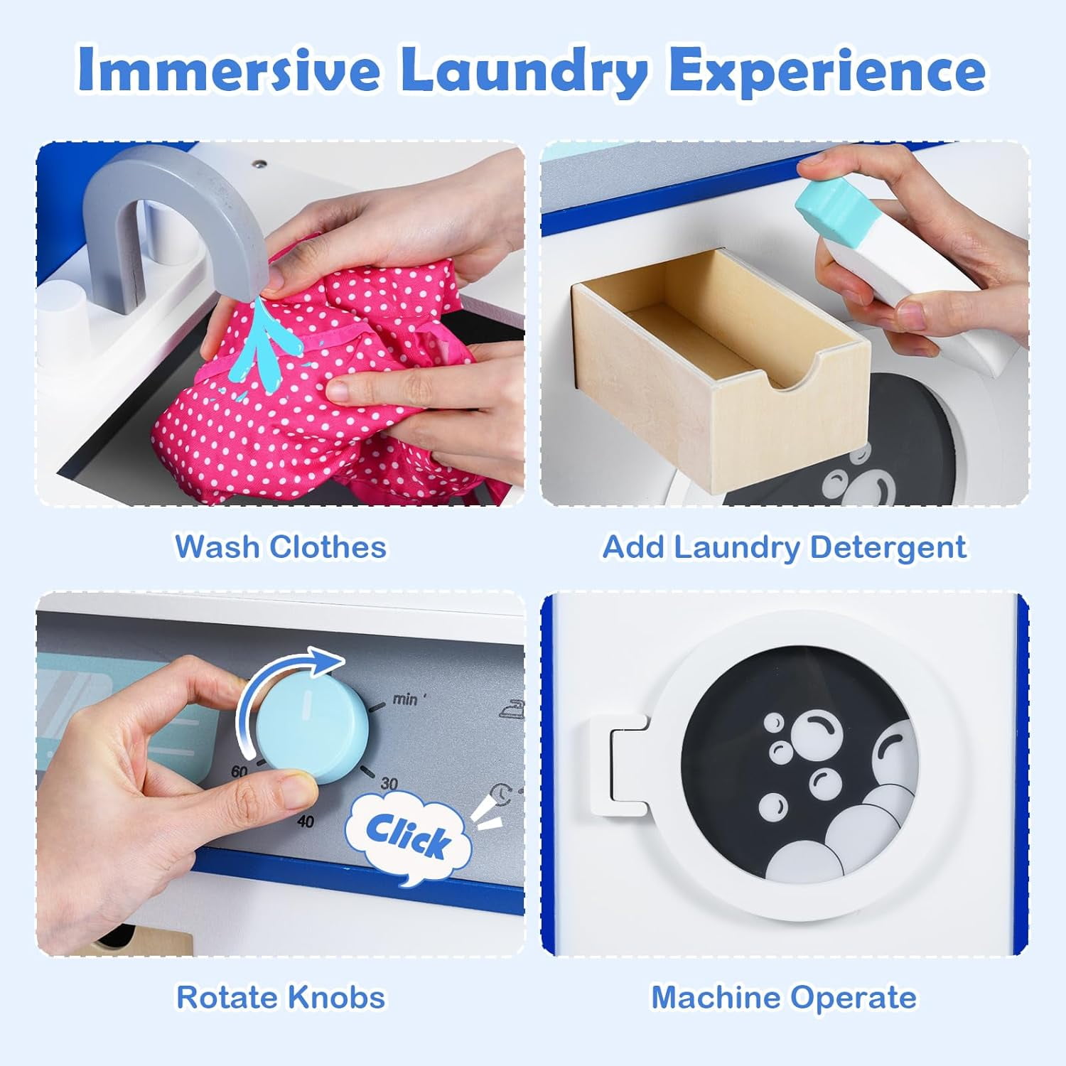 Olakids Kids Toy Washing Machine Playset, Wooden Pretend Laundry Center with Ironing Station and Accessories (Blue, 35 in x 12 in x 36 in) zg9cy
