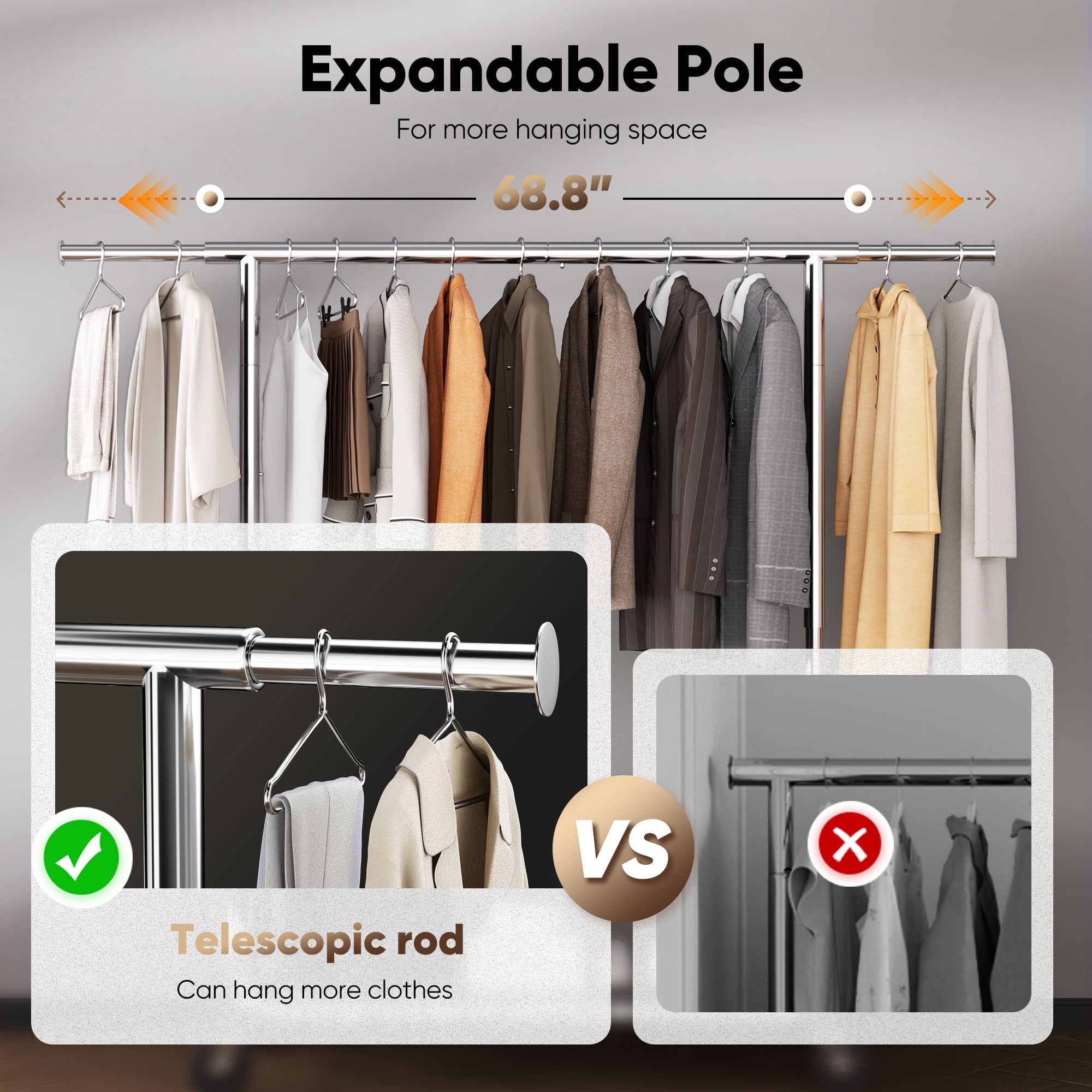 HOKEEPER Heavy Duty Rolling Garment Rack with Zippered Dust Cover (Silver, 450 lb Capacity) 7e30i