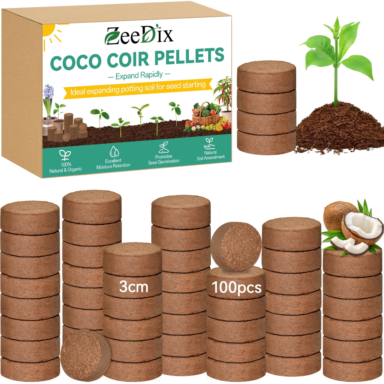ZeeDix Compressed Coco Coir Fiber Potting Soil Pellets for Indoor and Outdoor Gardening (1.18 in, 100 Pack) ndbh1
