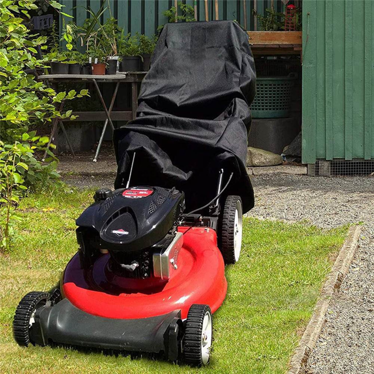 OPTUTUS Heavy-Duty Waterproof Lawn Mower Cover, UV Protection with Drawstring (Black, 75 x 26 x 43 in) xe45x