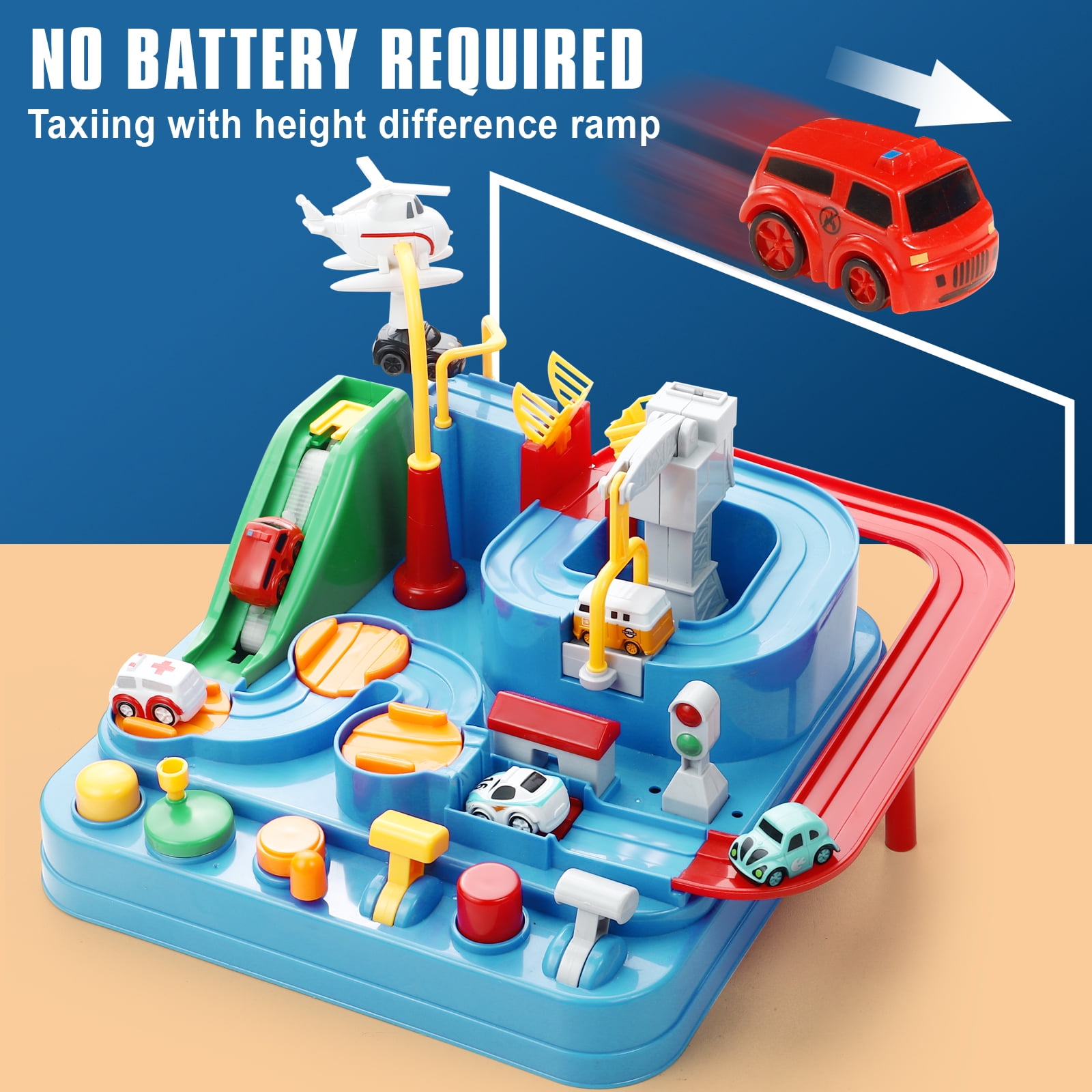 NETNEW Adventure Race Car Track Playset with 4 Mini Vehicles and 1 Helicopter (Blue, 1 Set) p5cmm