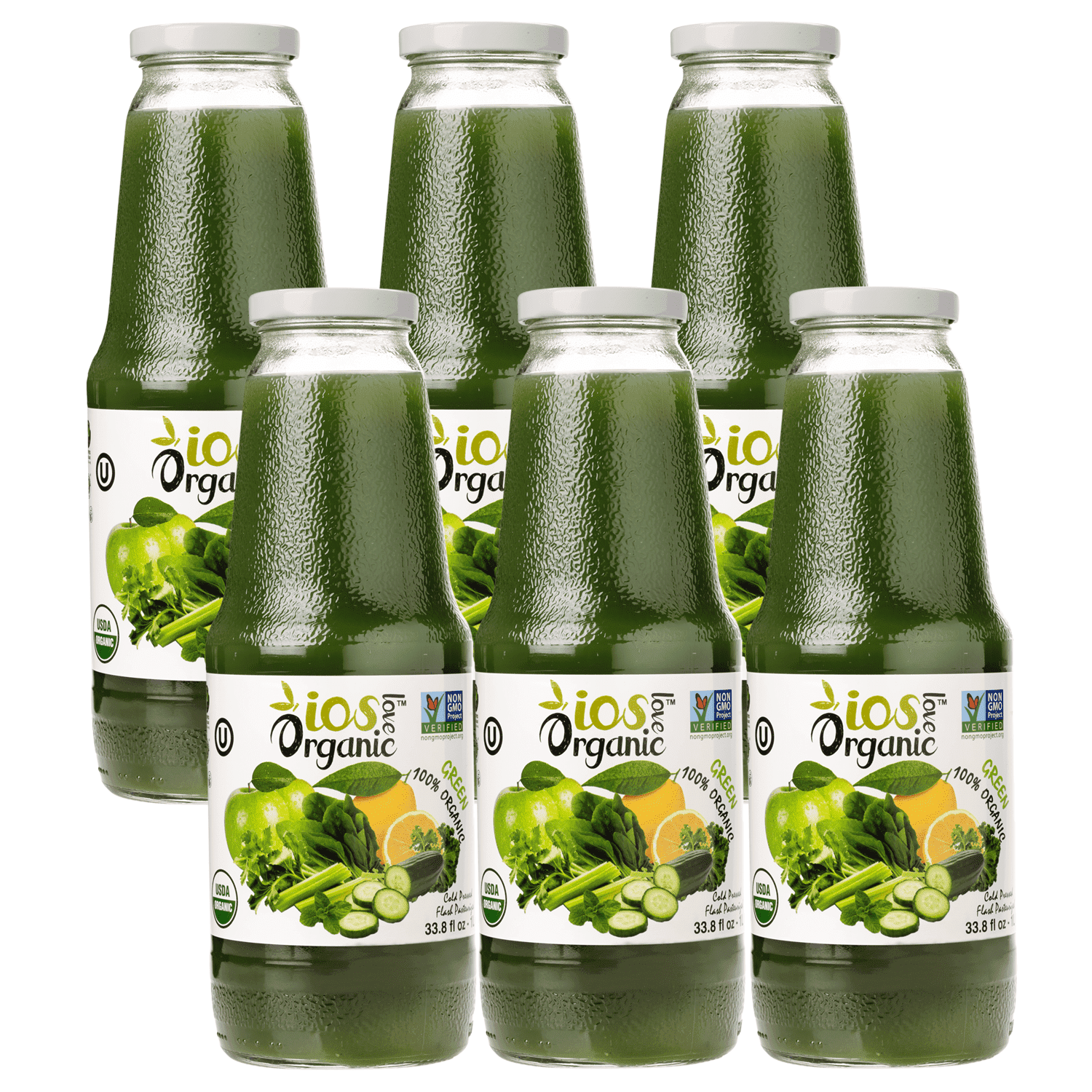 IOS Love Organic Green Juice, Cold Pressed Nutrient-Rich Vegetable Blend (Green, 6 Pack of 33.8 fl oz) 92qg0