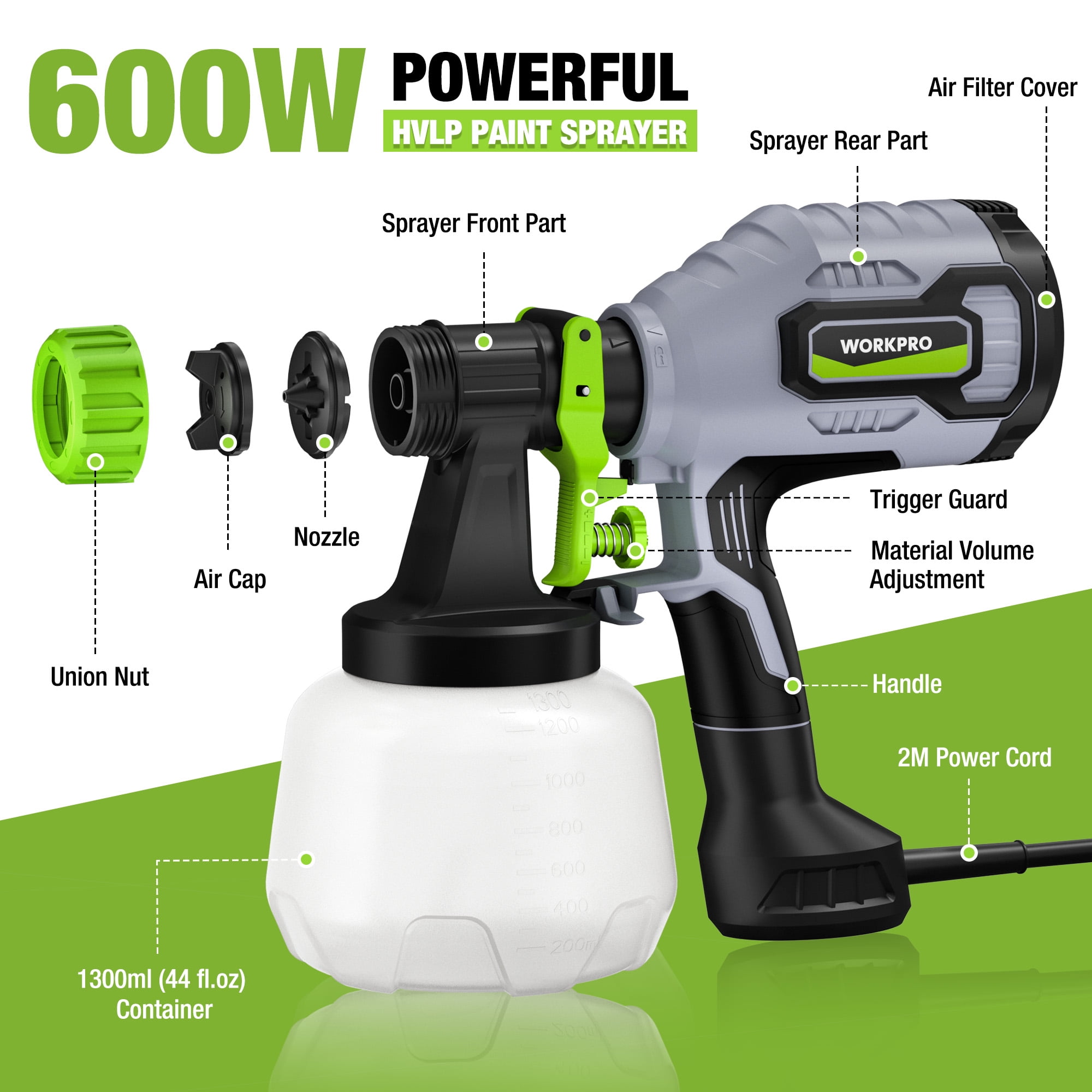 WORKPRO HVLP Paint Sprayer, Electric Spray Gun with 4 Nozzles and Adjustable Flow (44 fl oz) 30e3k