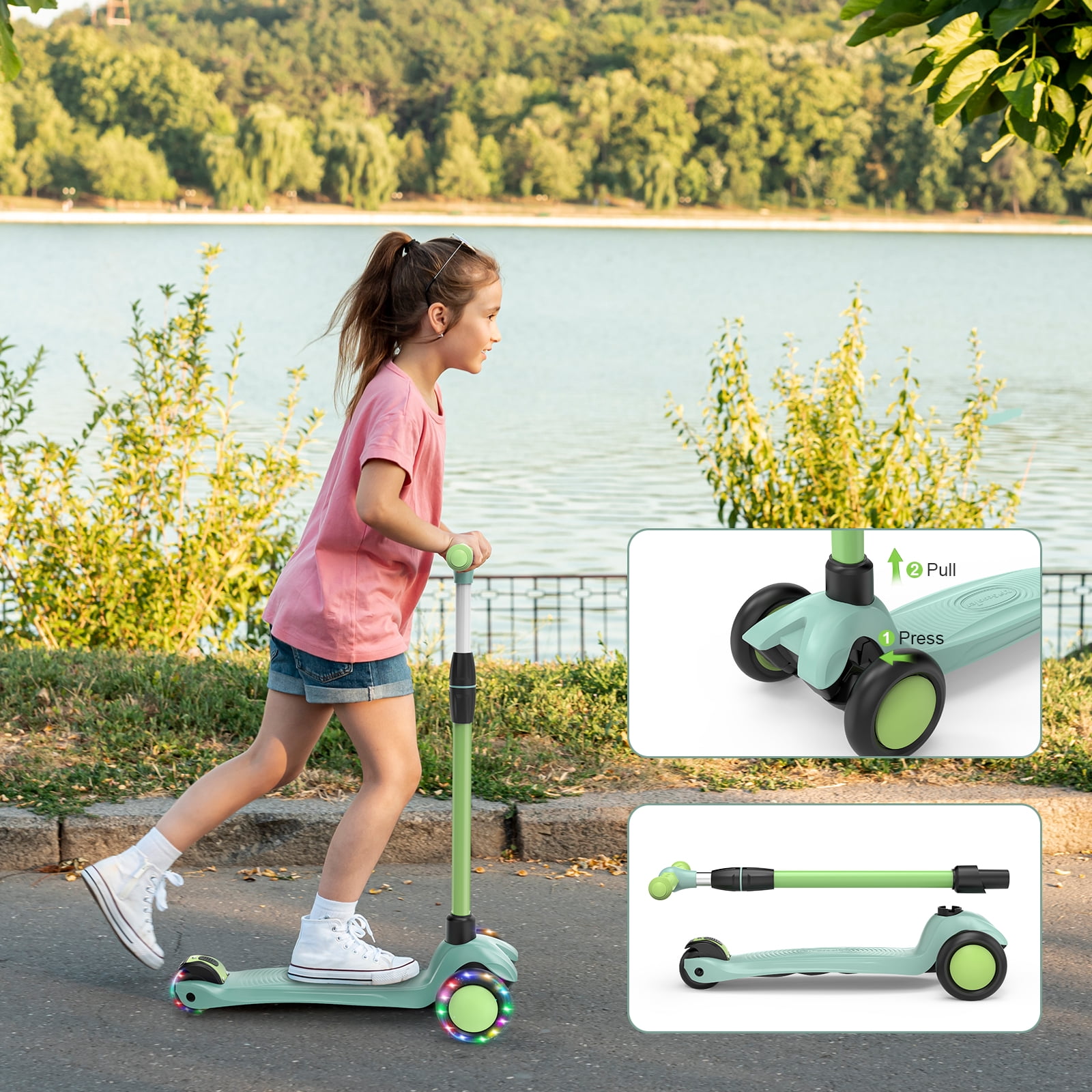 Spptty Kids Kick Scooter with 3 LED Lighted Wheels, Adjustable Height Handlebars, Lean-to-Steer, Foldable Design (Green, 8 lb) 9rnb7