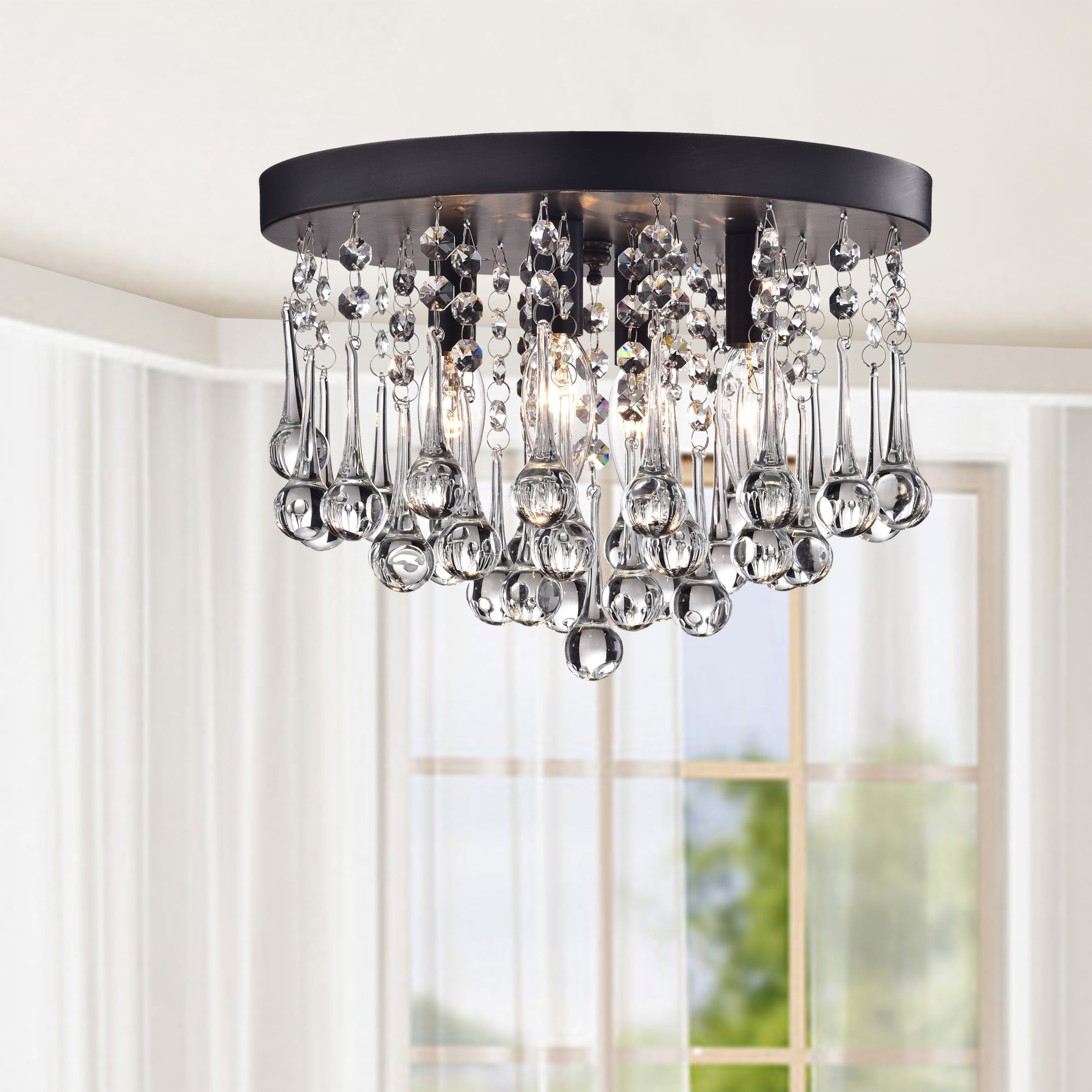 The Lighting Shop Claudia 4-Light Flush Mount Ceiling Fixture with Clear Crystal Drops (Black, 15 in) iozth
