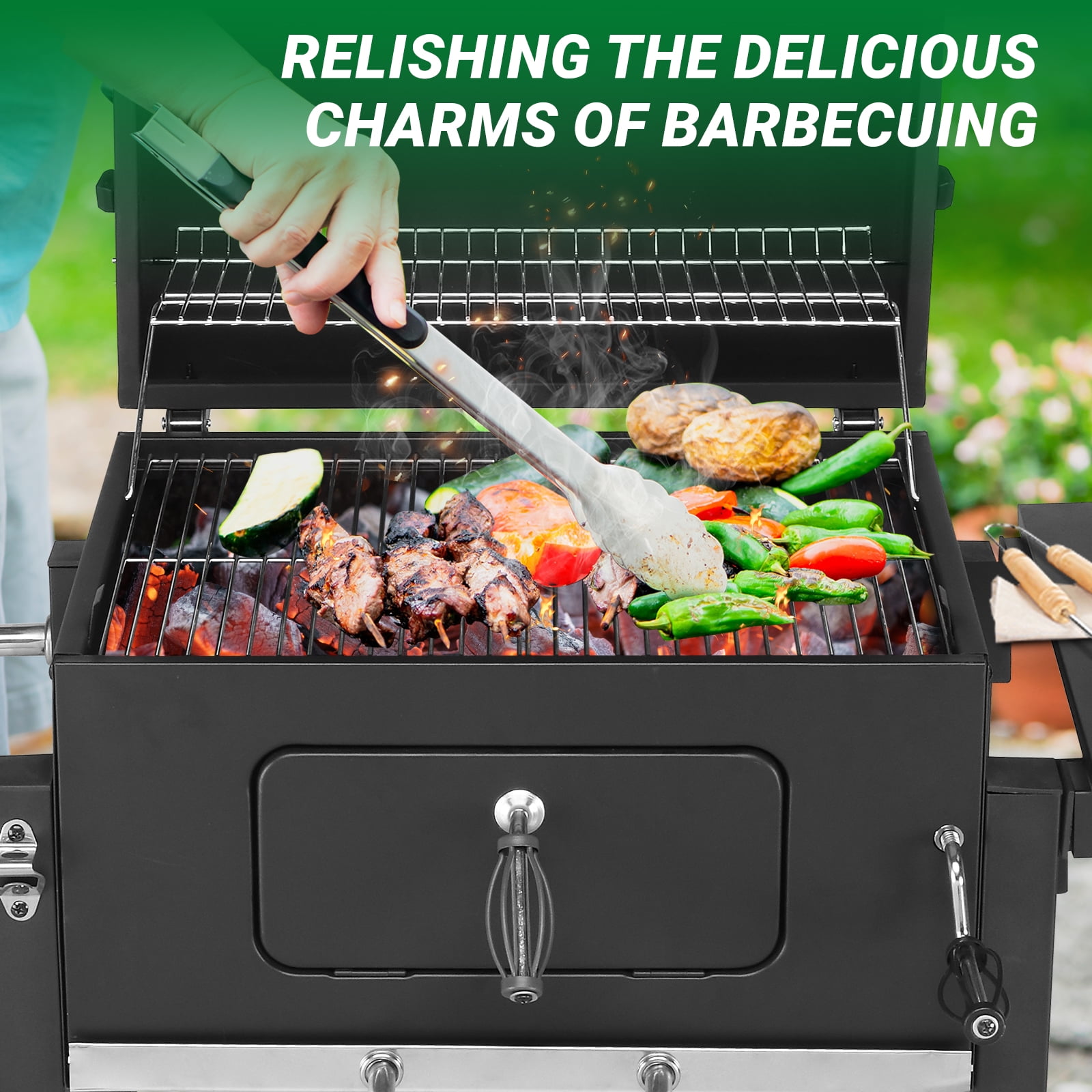 SalonMore BBQ Charcoal Grill Outdoor Barbecue Pit Smoker with Double Grill and Liftable Charcoal Tray (Black) d651f