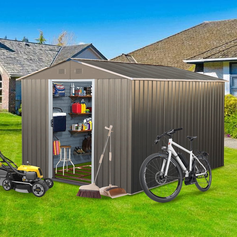 Generic Metal Storage Shed with Steel Foundation, Heavy-Duty All-Weather Outdoor Garden Equipment Organizer (Grey, 8x10 ft) pda12