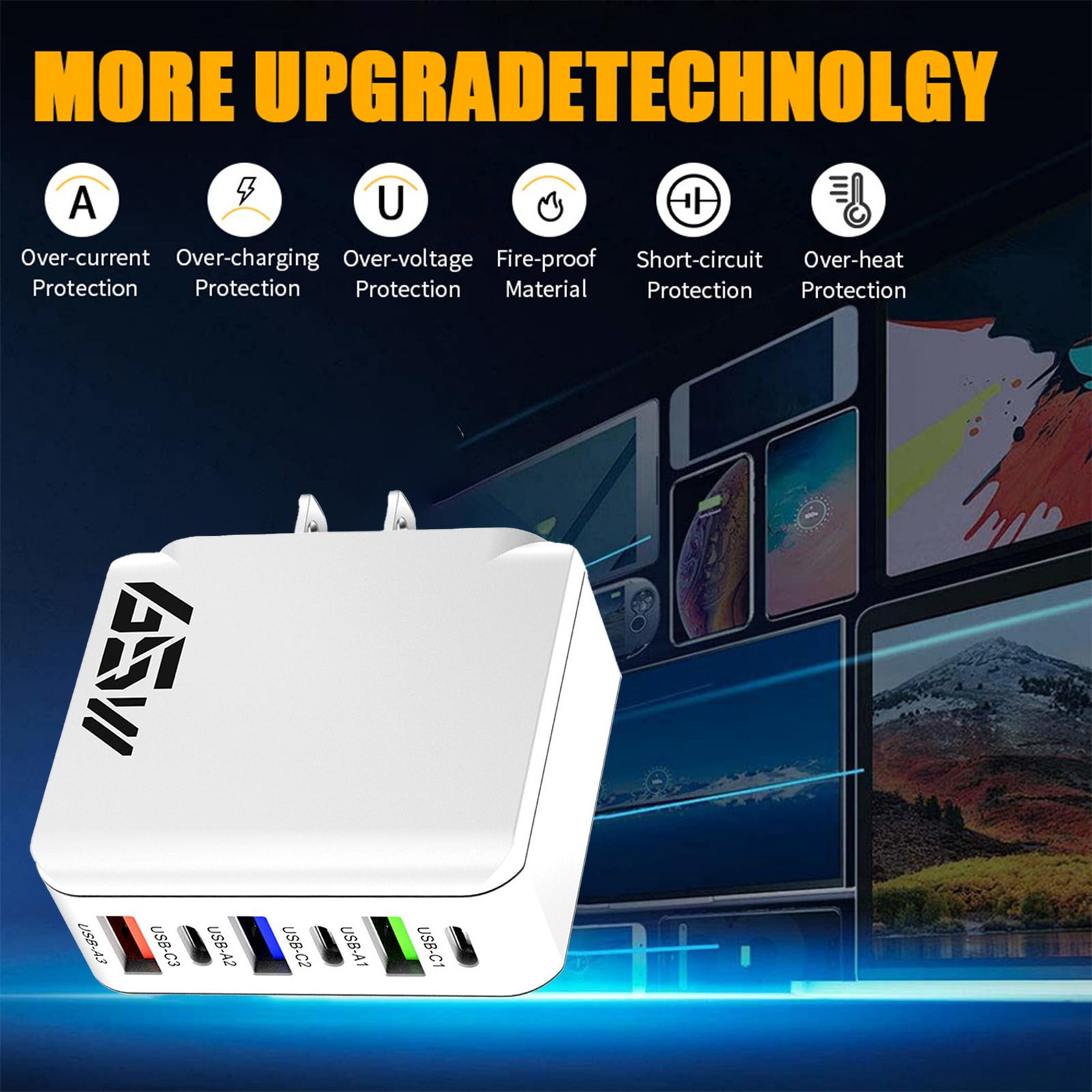 Aodebiao 65W 6-Port USB Fast Charger, Multi-Port Charging Station with 3 USB-C and 3 USB-A Ports (White) b6mx1