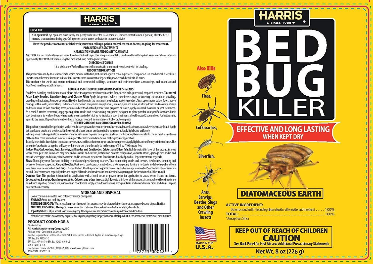 Harris Bed Bug Killer Diatomaceous Earth Powder (White, 8 oz) e4oqs