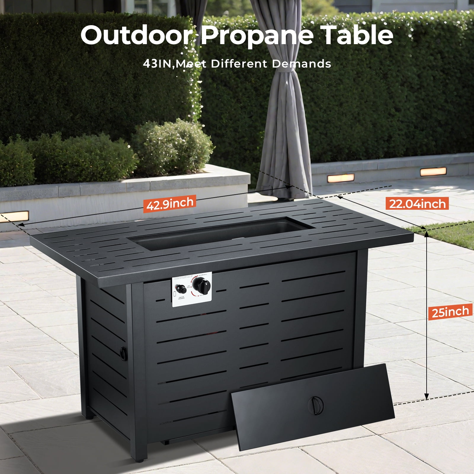 WAA 43 Inch Propane Fire Pit Table, 50,000 BTU Outdoor Gas Fireplace with Lid and Lava Rocks (Black, 43 in) 3pi61