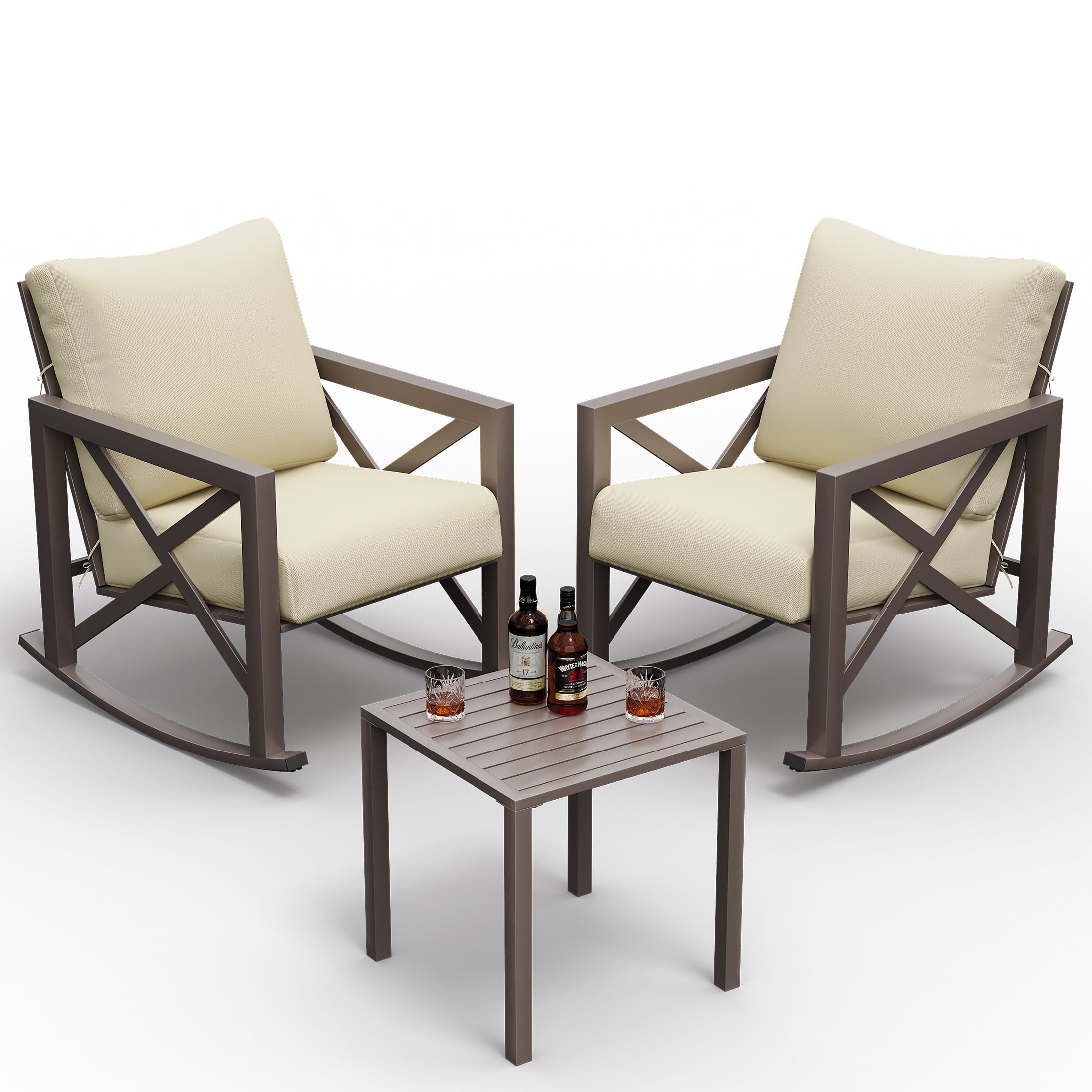 UDPATIO 3-Piece Metal Patio Bistro Rocker Set, Heavy-Duty Outdoor Furniture with Thick Cushions (Beige, 3-Piece Set) r0c1x