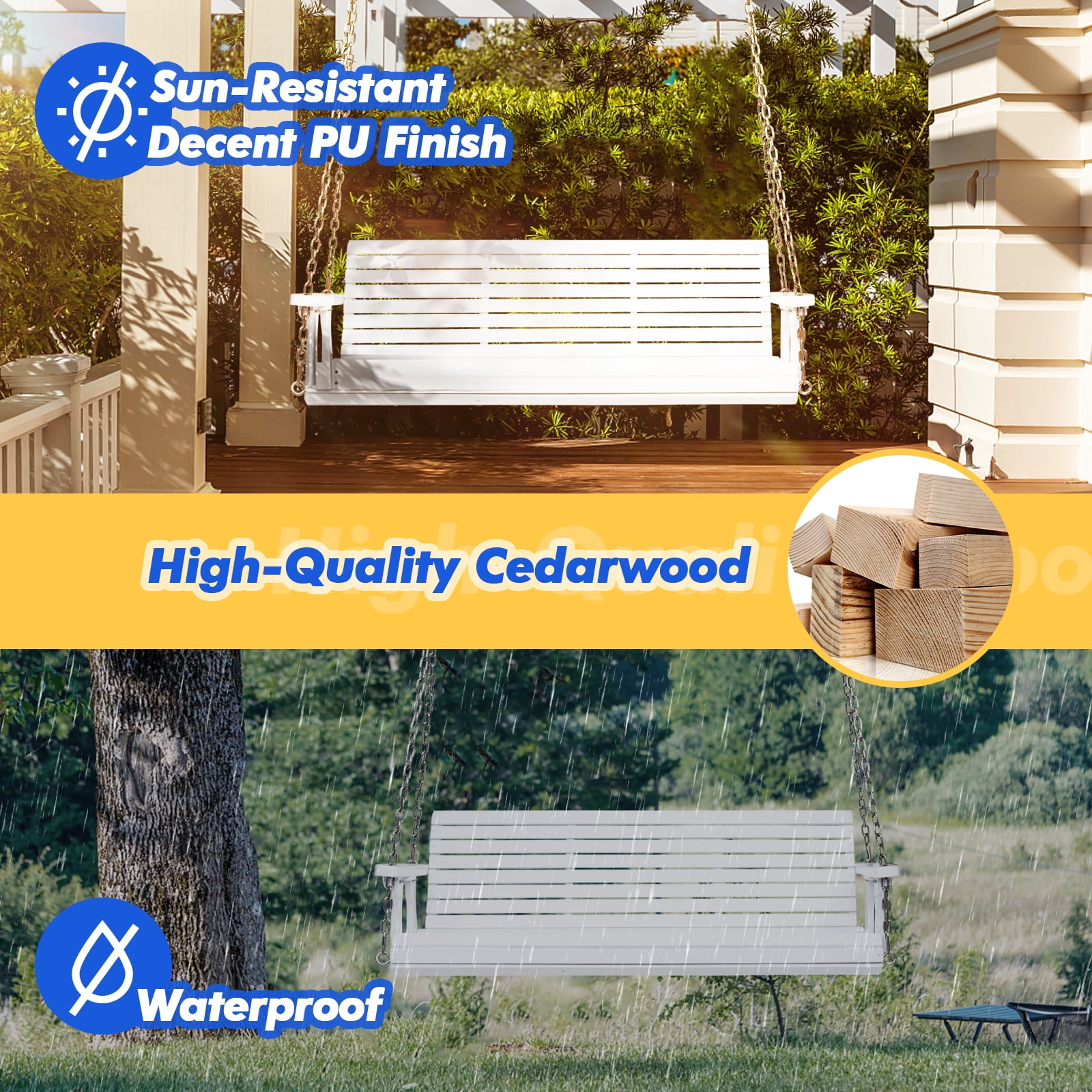 Zimtown Wooden Porch Swing Bench, Heavy-Duty Outdoor Hanging Chair with Chains (White, 5 ft) bi4zv
