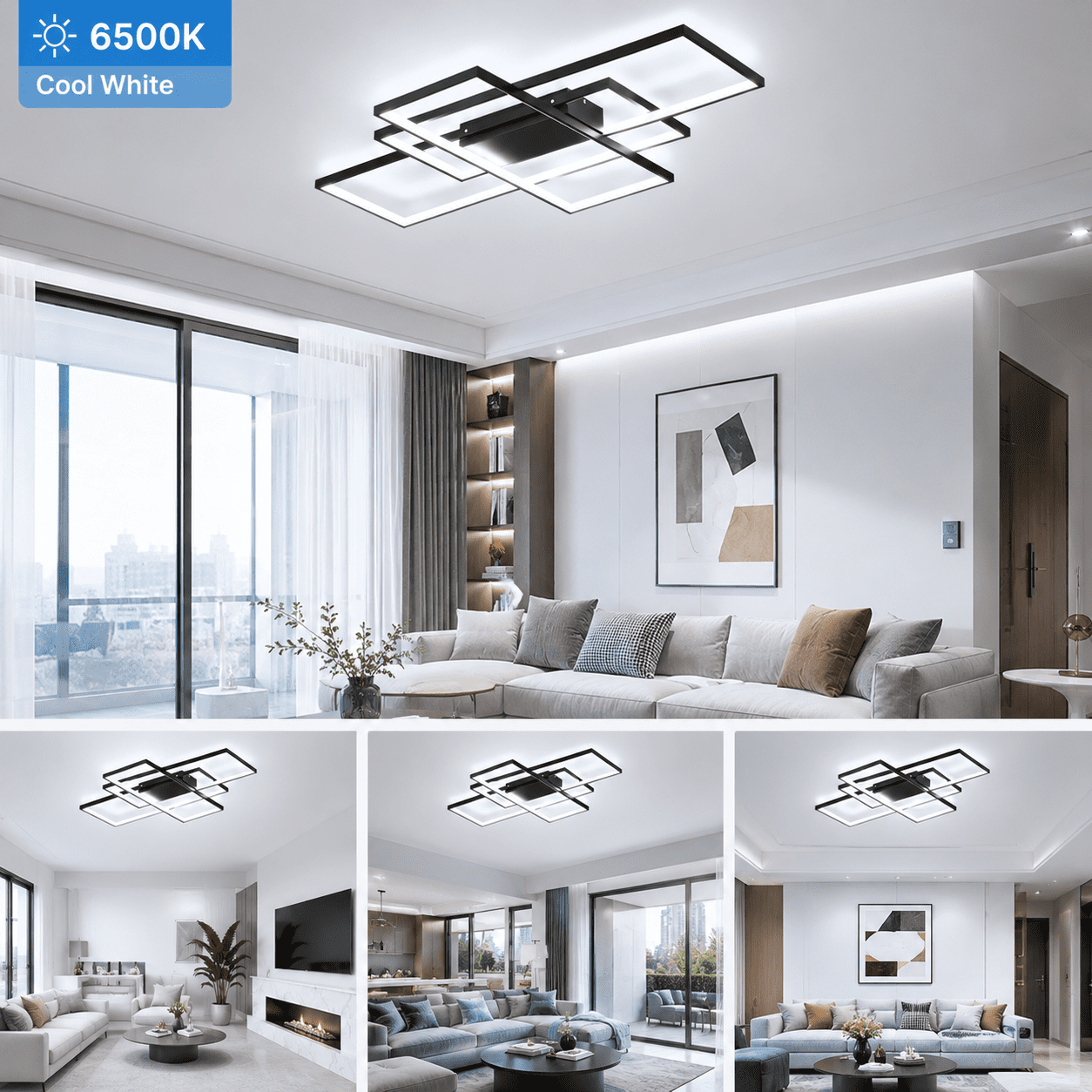 Garwarm 3-Square LED Ceiling Light, Modern Flush Mount Fixture with Remote Control (Black, 35.4 in) 58gf2