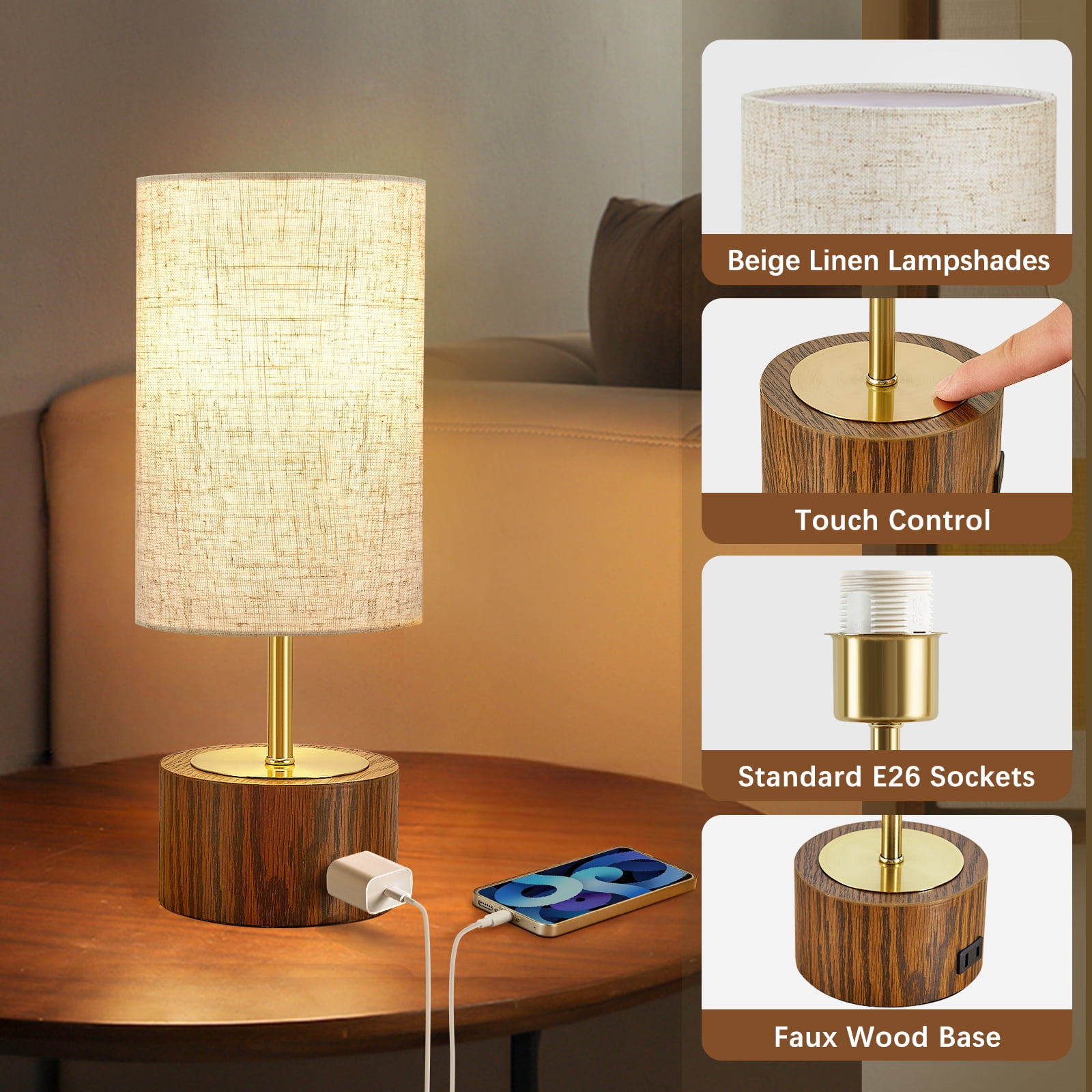 NATYSWAN Modern Touch Control Table Lamps with USB Charging Ports (Oatmeal, Set of 2, 14 in) b439w