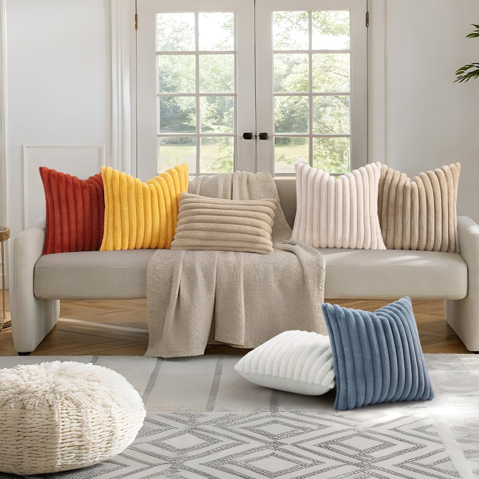decorUhome Faux Fur Plush Throw Pillow Covers, Soft Striped Decorative Couch Cushion Cases (Cream White, 18x18 in, 2 Pack) qzjp8