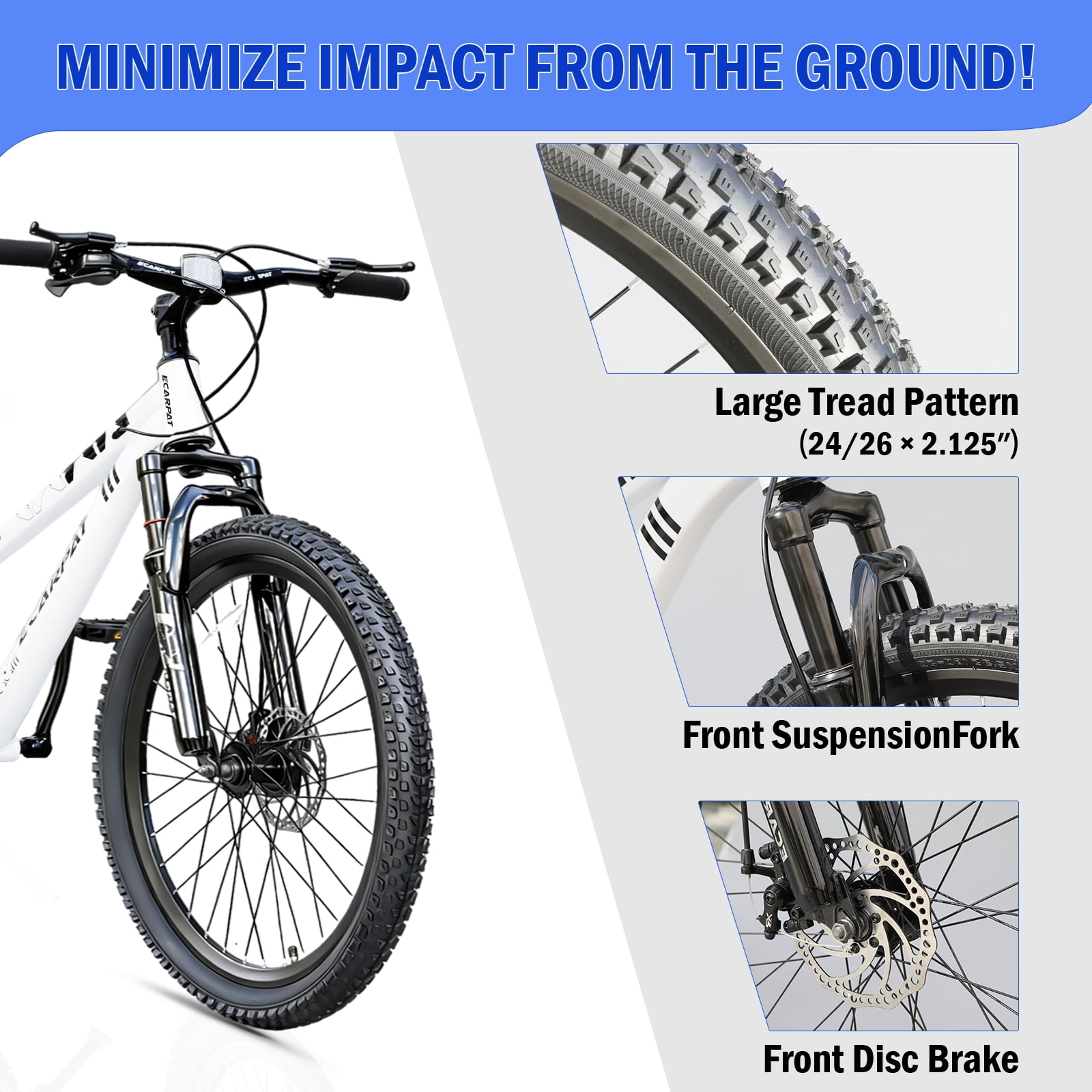 Ecarpat 24 Inch Mountain Bike, 9-Speed MTB with Front Suspension and Dual Disc Brakes (White, 24 in) o0ndr