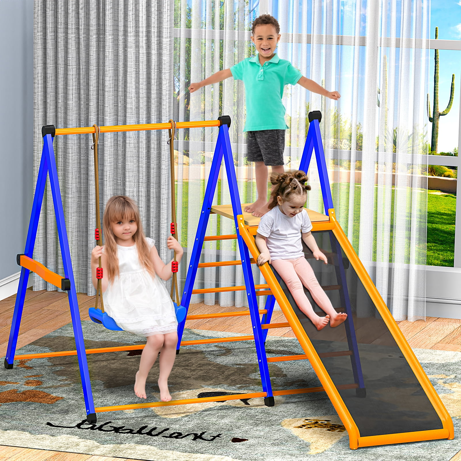XIEWEI 4-in-1 Indoor Jungle Gym Playset with Swing and Slide, Durable Metal Climber for Kids (Blue, 400 lb Capacity) 39wmj