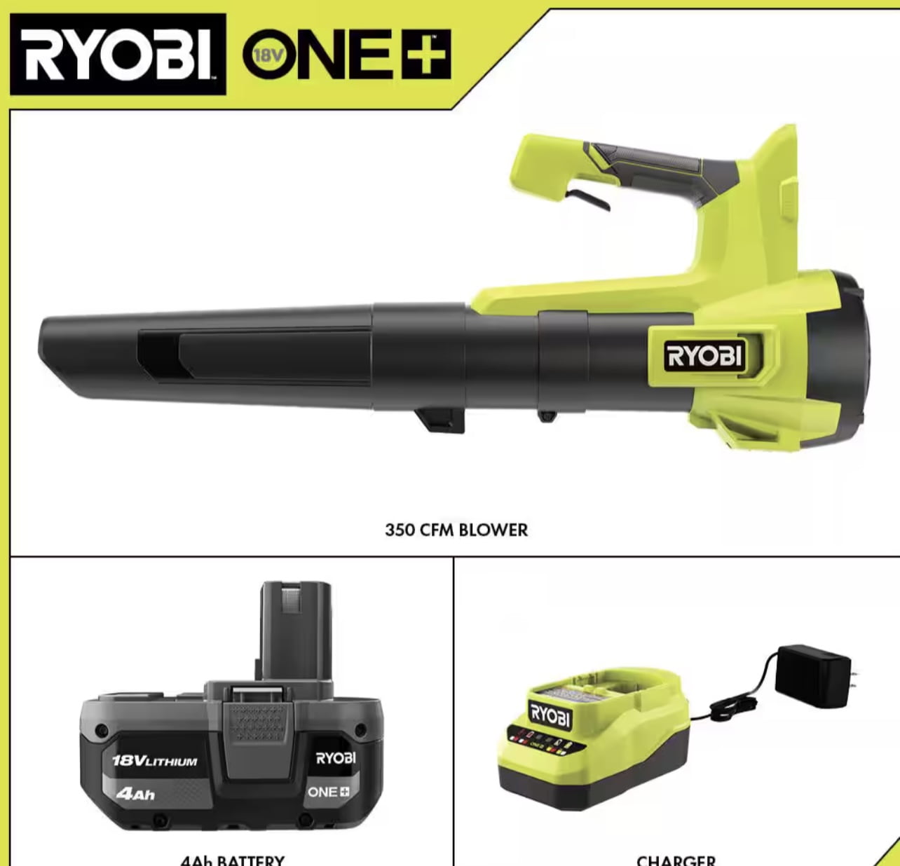 Ryobi ONE+ 18V Cordless Leaf Blower, High-Performance Airflow (100 MPH, 350 CFM) 2zgh2
