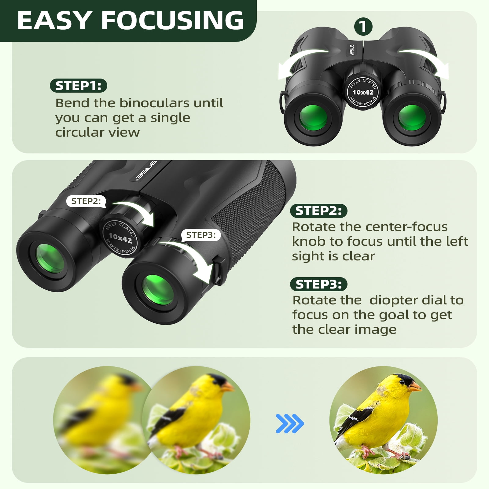 BNISE 10x42 HD Professional Binoculars for Bird Watching and Hunting (Black, 6.3 in x 5.3 in x 2.8 in) 1so45