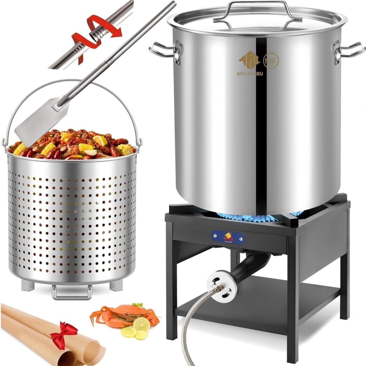 ARC USA 64QT Stainless Steel Seafood Boiling Turkey Fryer Kit with Propane Stove and 36 in Mixing Paddle (Silver, 64QT) wke7q