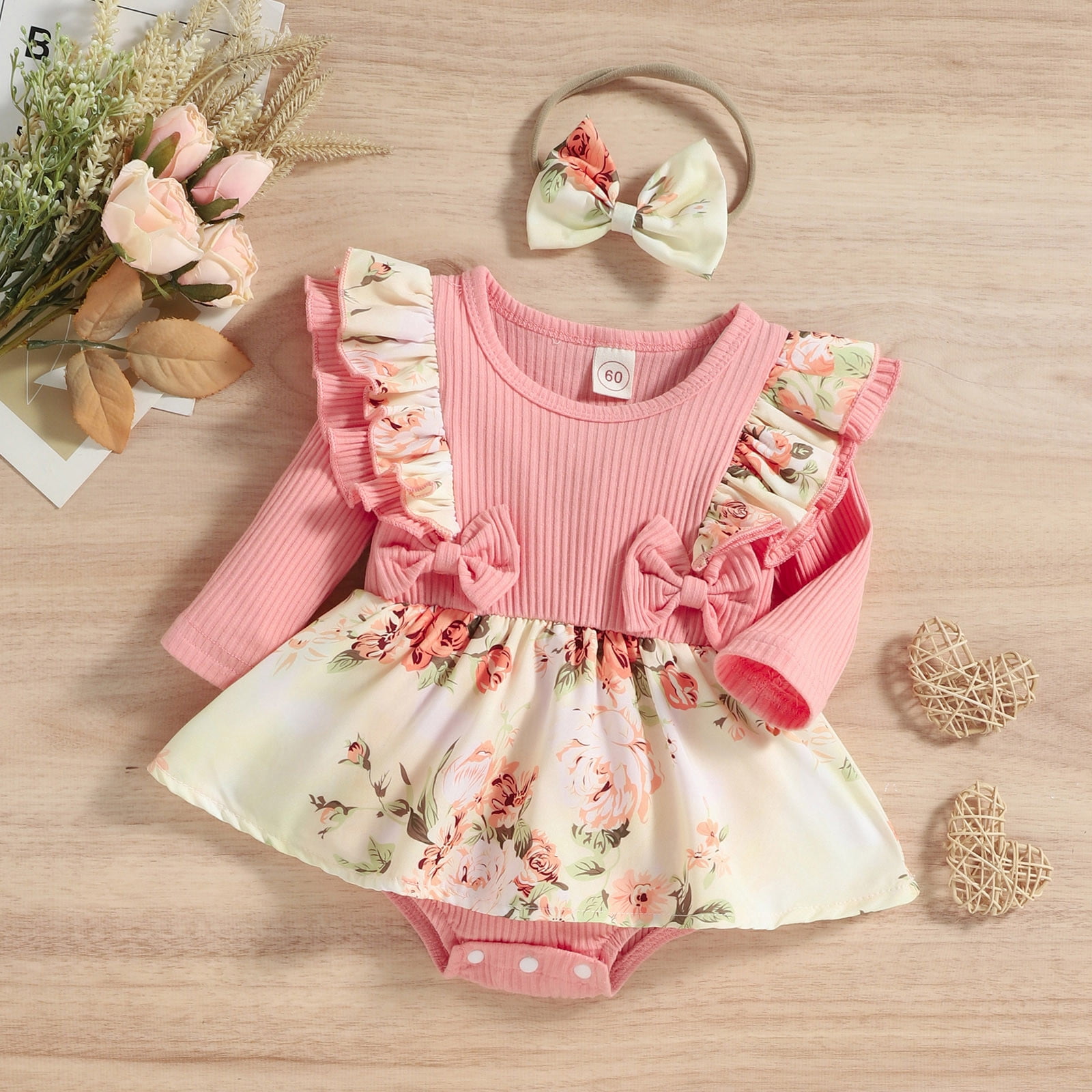 MANHUJI Infant Baby Girl Long Sleeve Floral Romper Dress with Headband Set (Pink, 9-12 Months) i3klt
