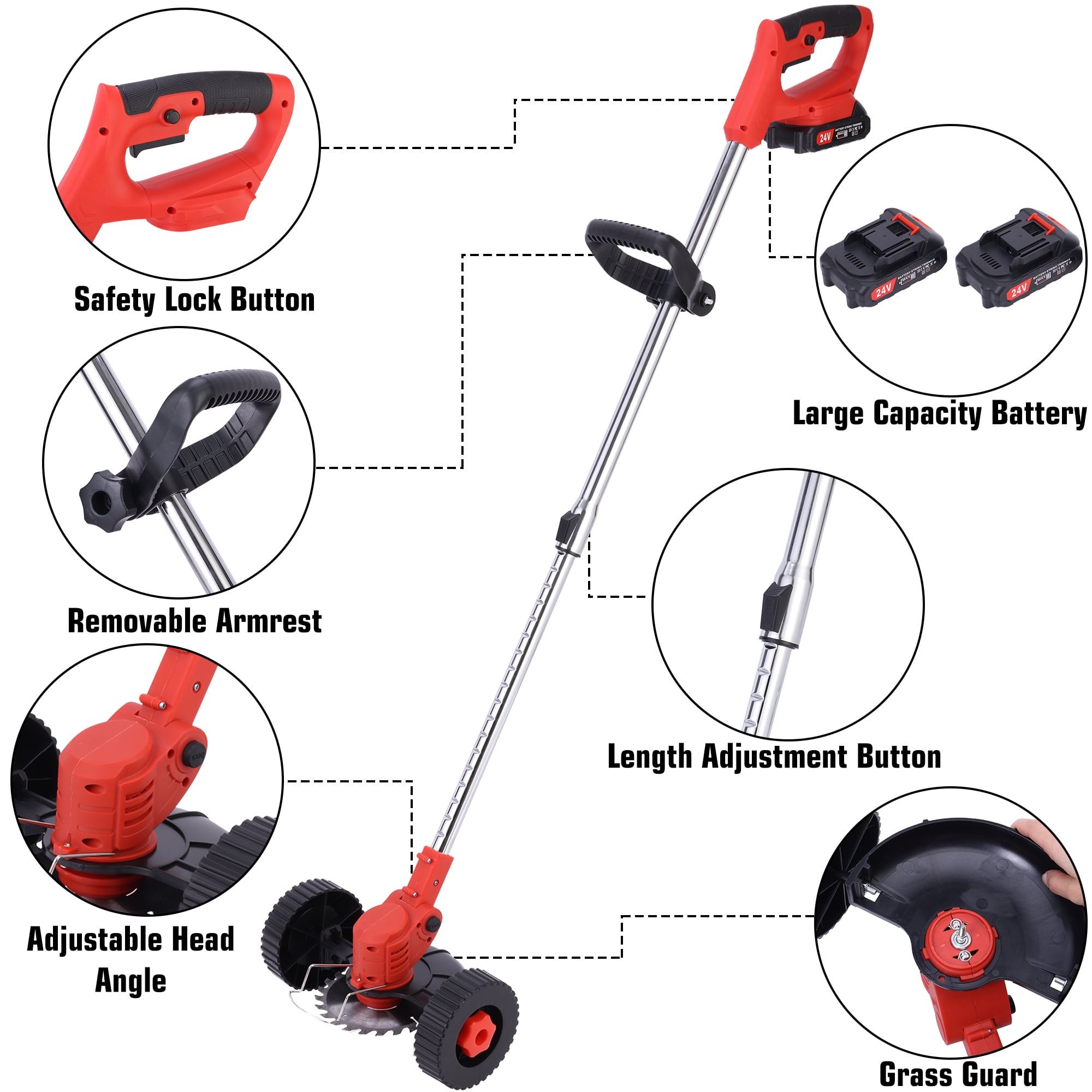 Myriann 24V Electric Cordless Grass Trimmer and Lawn Edger with Wheels and Dual Batteries (Red) r1iuc