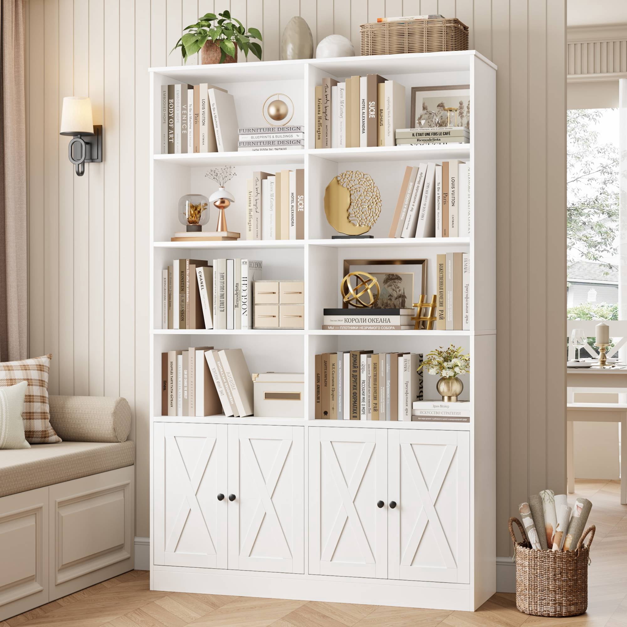 Hiphuta Tall Bookcase with Doors and Shelves, Freestanding Storage Display Cabinet for Home Office (White, 71 in H x 47.2 in W) nux95