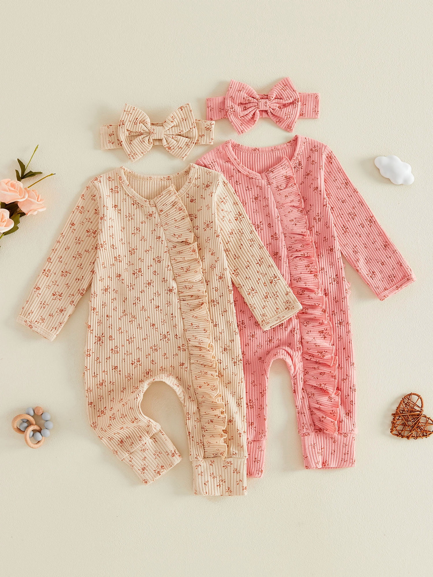 BemeyourBBs Newborn Baby Girl Ruffled Ribbed Romper and Headband Set (Pink, Preemie) df7ix