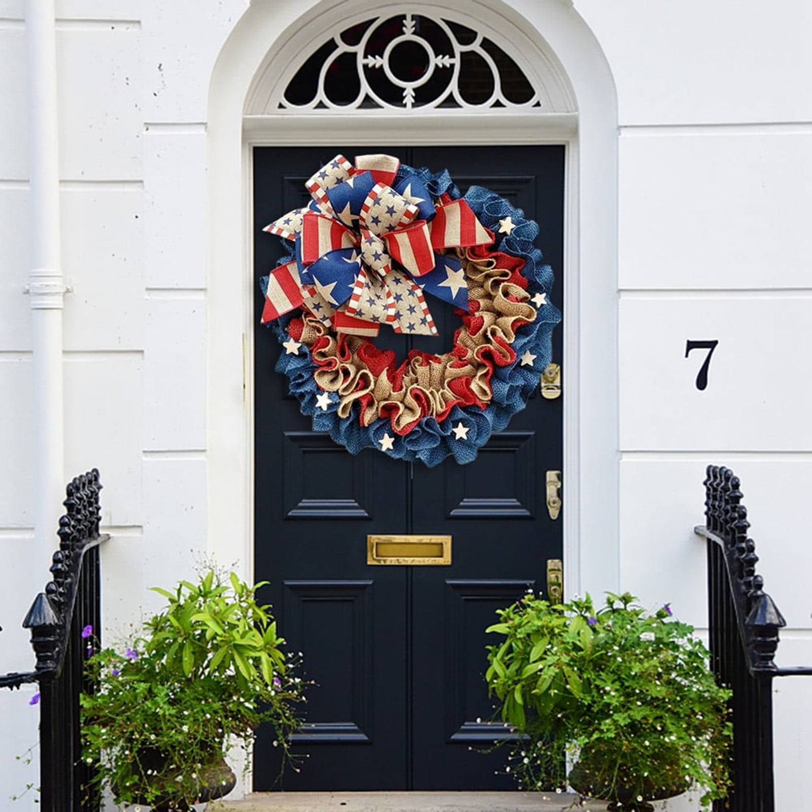 IUAMXWU Patriotic Burlap Wreath, American Flag Bow Ruffled Decor for Front Door (Red, 16 in) p3bnx