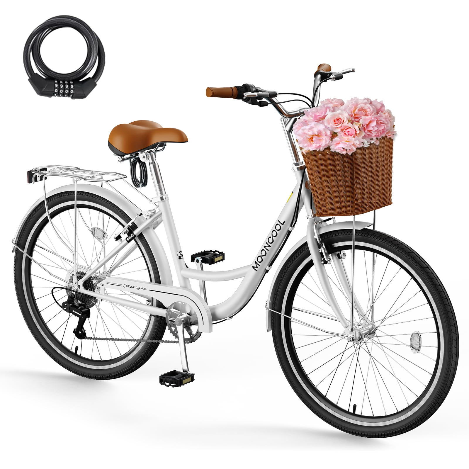 MOONCOOL 7-Speed Cruiser Bike for Women, Step-Through City Bicycle with Basket and Rear Rack (White, 26 in) mld91