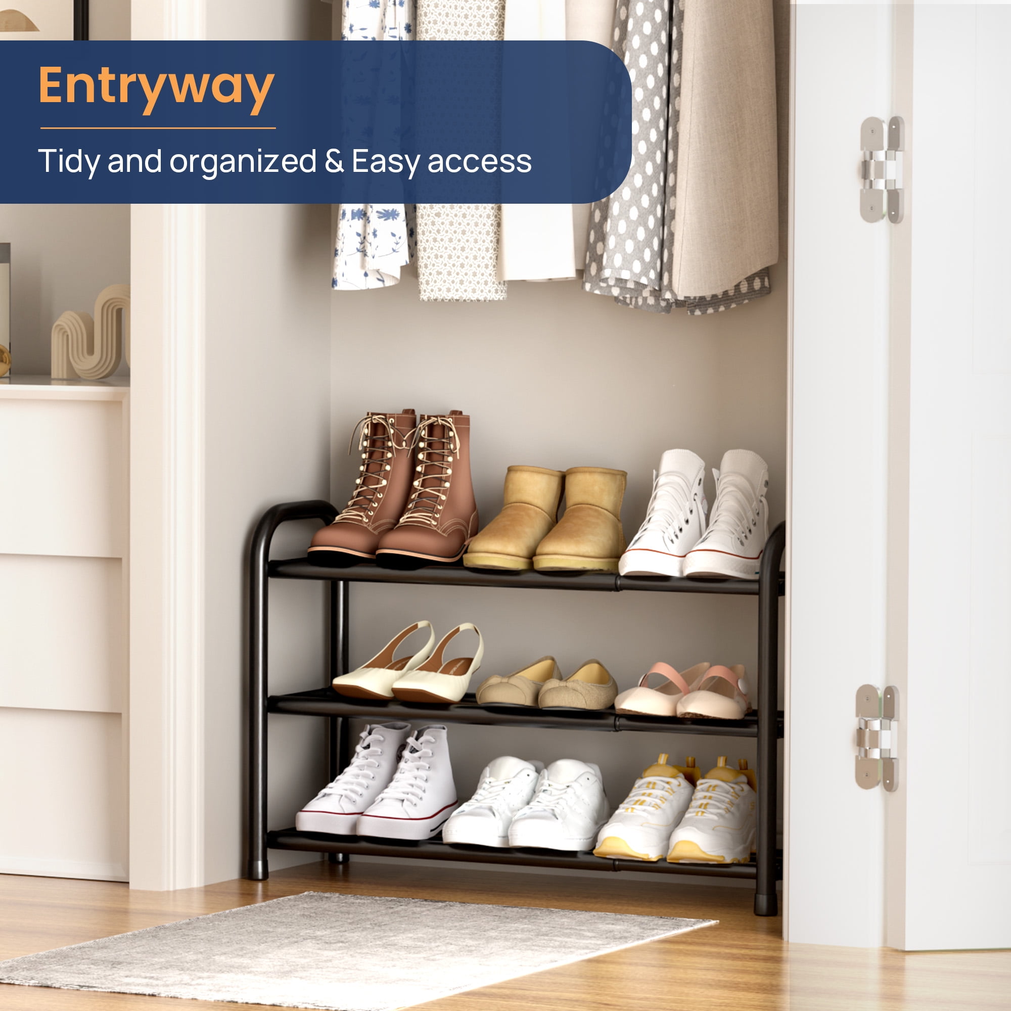 Sindcom 3 Tier Expandable Shoe Rack, Metal Shoe Shelf Organizer for Closet and Entryway (Black, 17.8 in to 32.7 in) 1xcy5