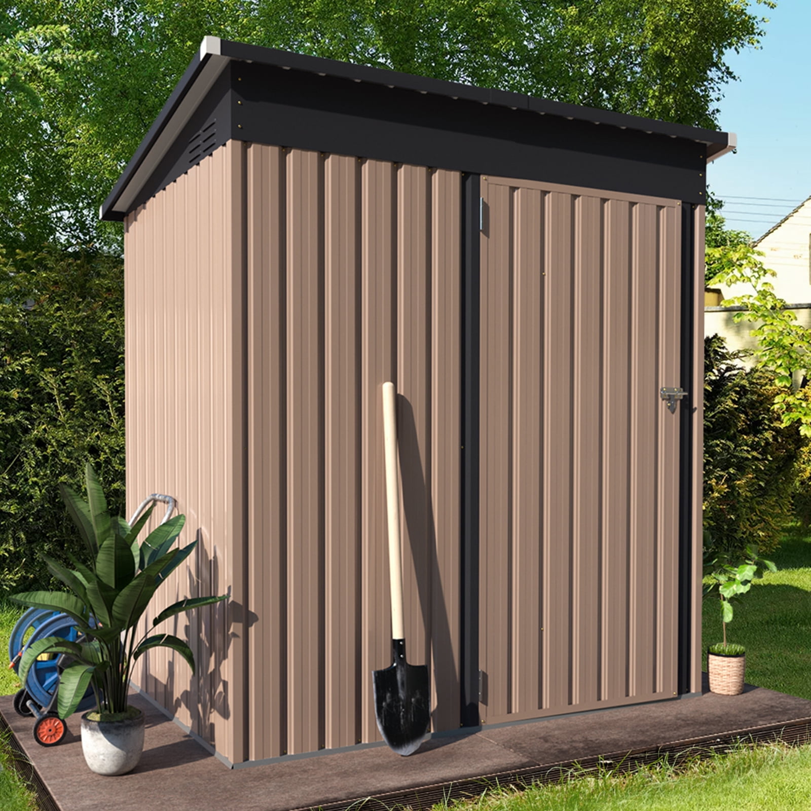 AECOJOY Outdoor Storage Shed Waterproof Horizontal Cabinet for Trash Bins and Bicycles (Brown, 46 cu ft) 6ic0q