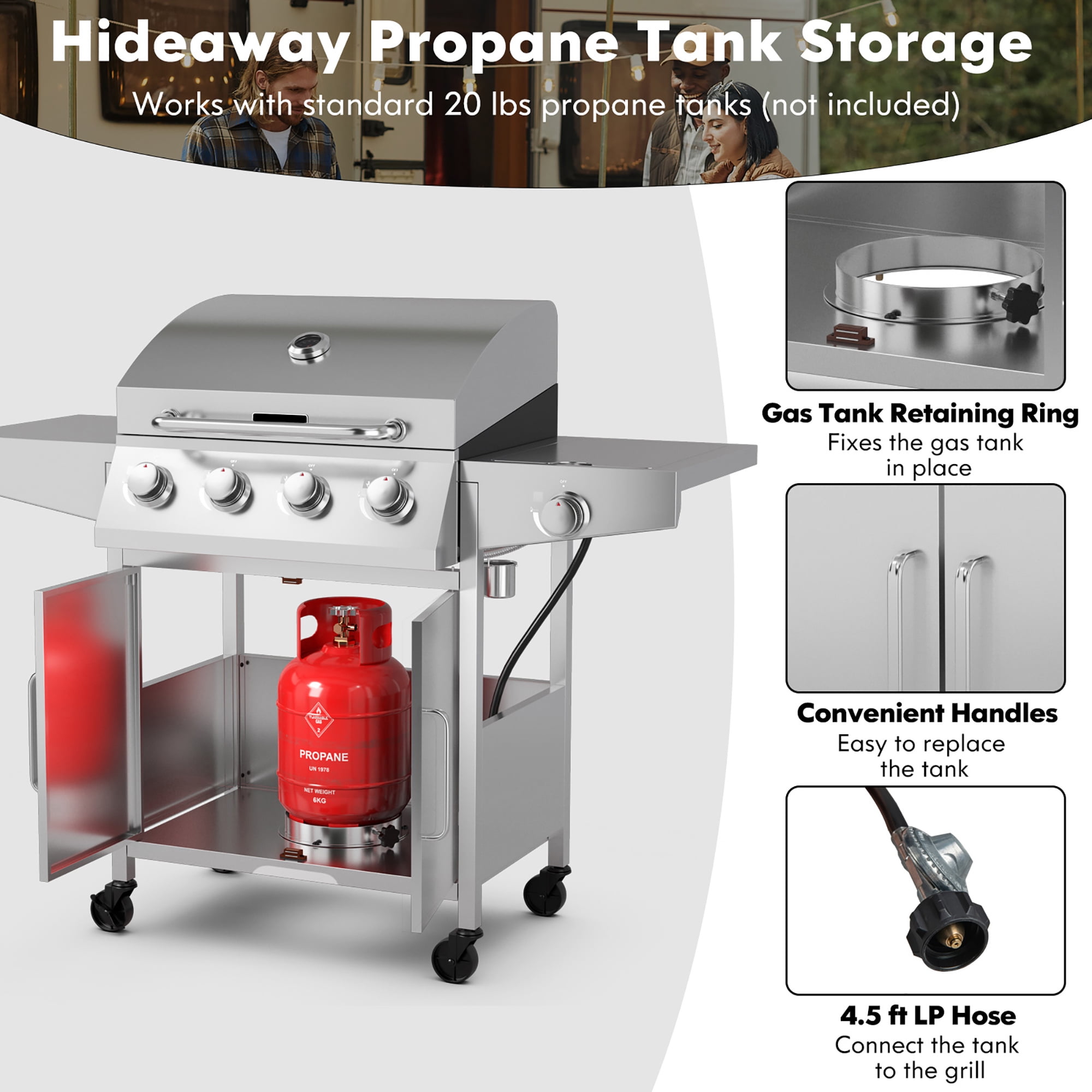 Costway 5-Burner Propane Gas Grill with Side Burner and Prep Table (Silver, 516 sq in) ngiis