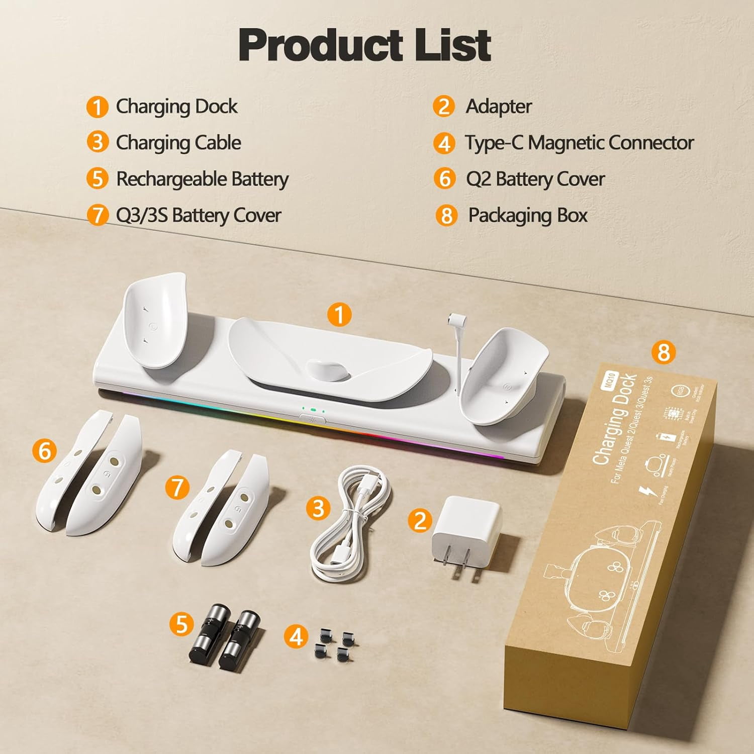 Prociv VR Charging Dock for Meta Quest 3S/3/2, Magnetic Fast Charging Station with RGB Light (White, 1 Pack) k1a4j