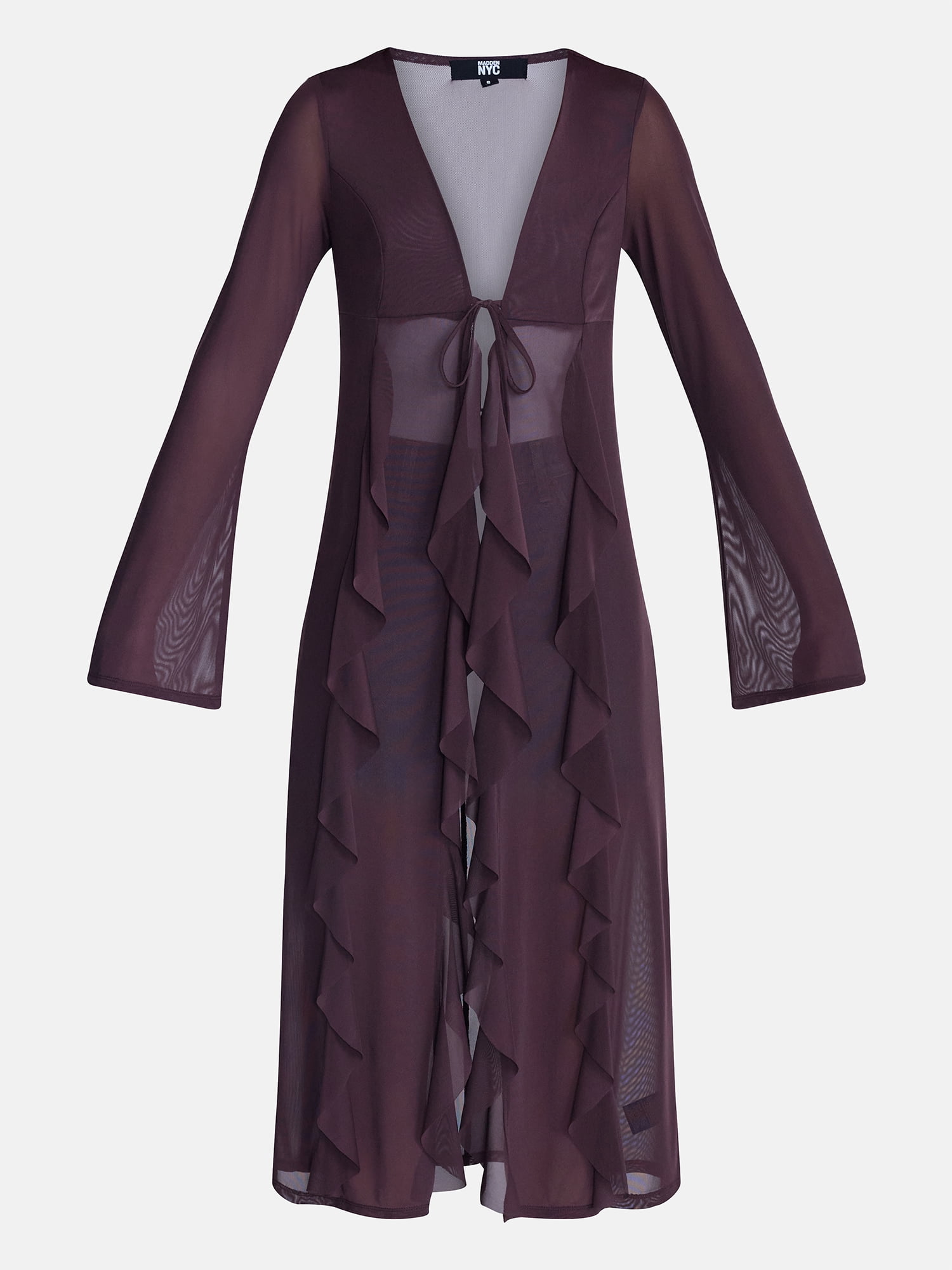 Madden NYC Women’s Ruffle Sheer Tie Front Duster Long Sleeve Cardigan (Red, XXS-XXL) vvmwq