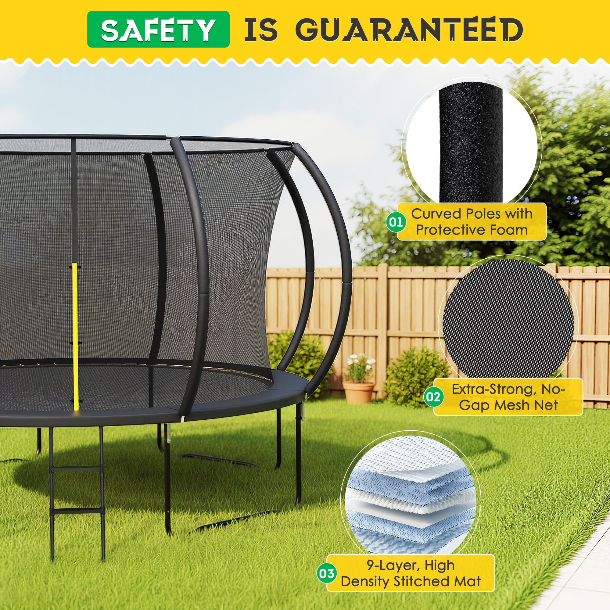 MarKnig Outdoor Round Trampoline with Safety Enclosure Net and Ladder, Heavy-Duty Backyard Recreational Jumper (Black, 14 ft) c0l87