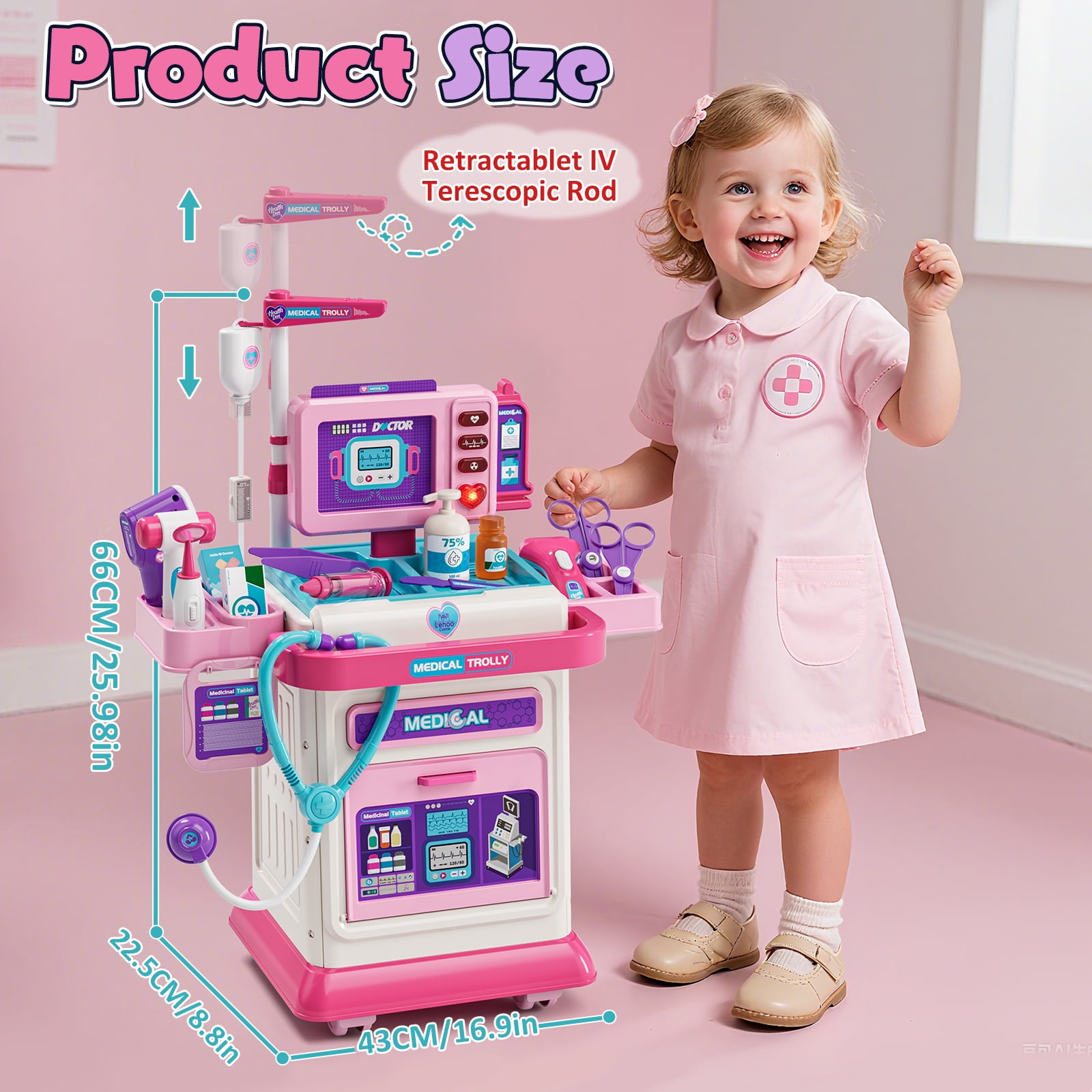 KWANITHINK Kids Doctor Play Cart with Realistic Light and Sound Effects, Pretend Medical Station Role Play Toy (Pink, 21.2 in x 16.9 in x 8 in) fkiqg