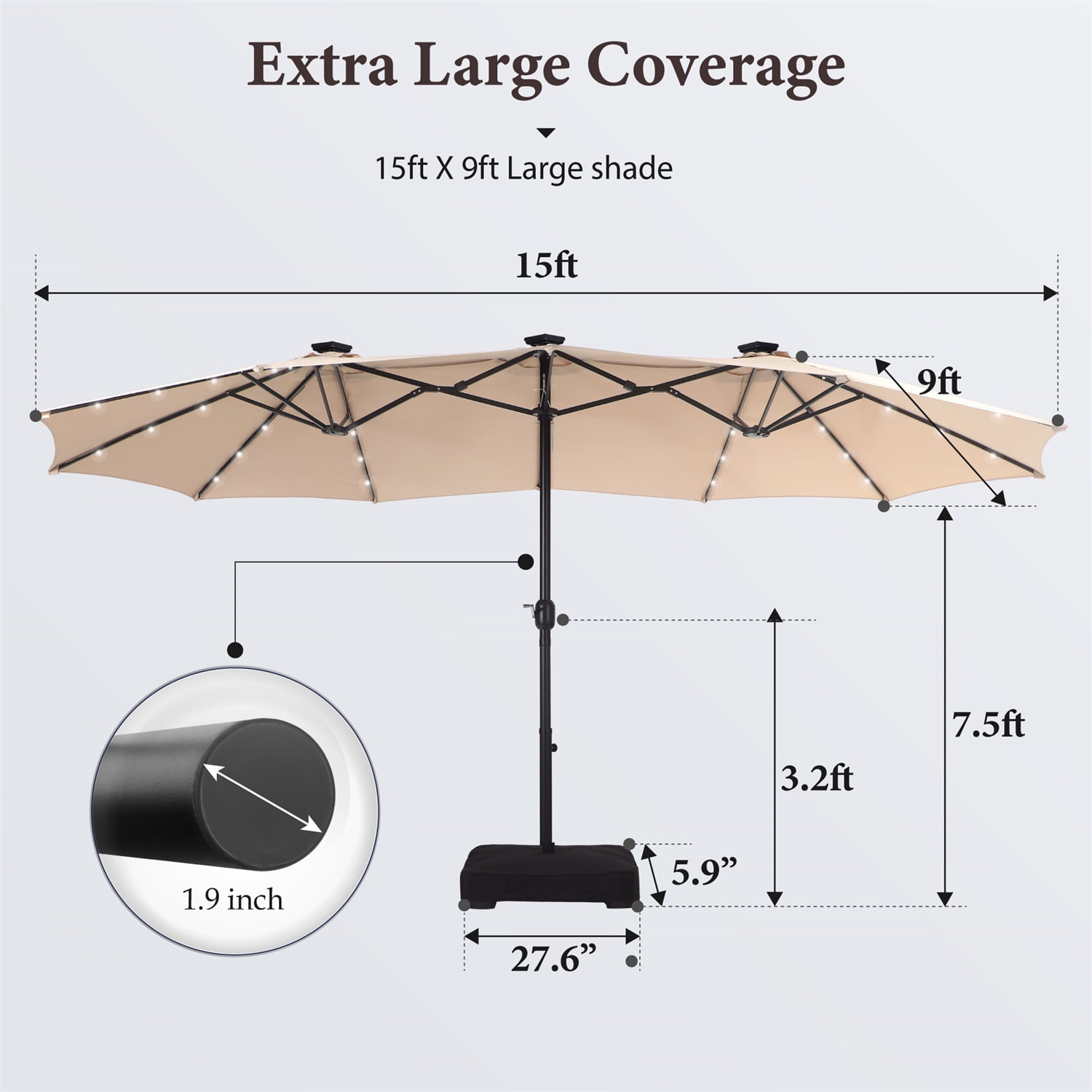 Summit Living 15ft Double-Sided Solar Patio Umbrella with LED Lights and Base (Beige, 15 ft) lu4o0
