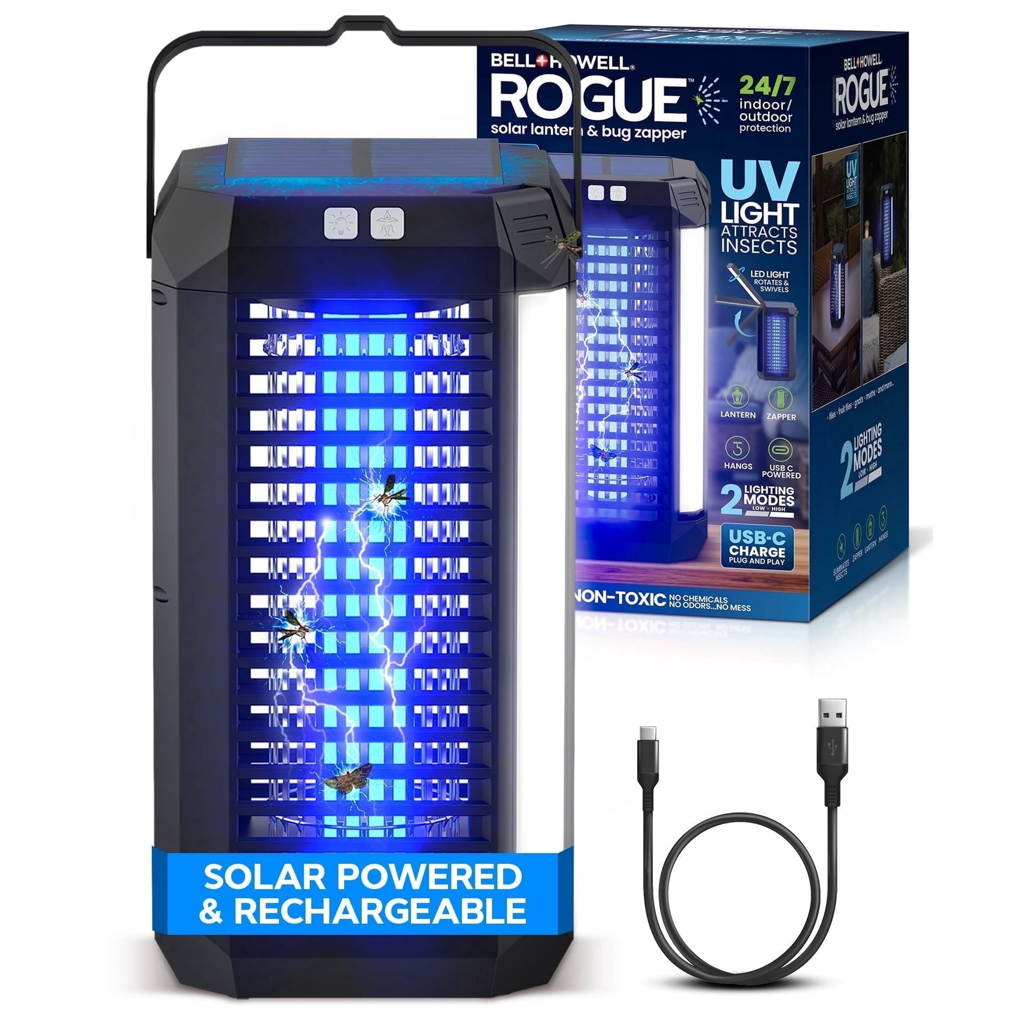 Bell + Howell Rogue Bug Zapper Lantern, Rechargeable LED Mosquito & Fly Repellent (Black, 10 in x 5 in) j66dn