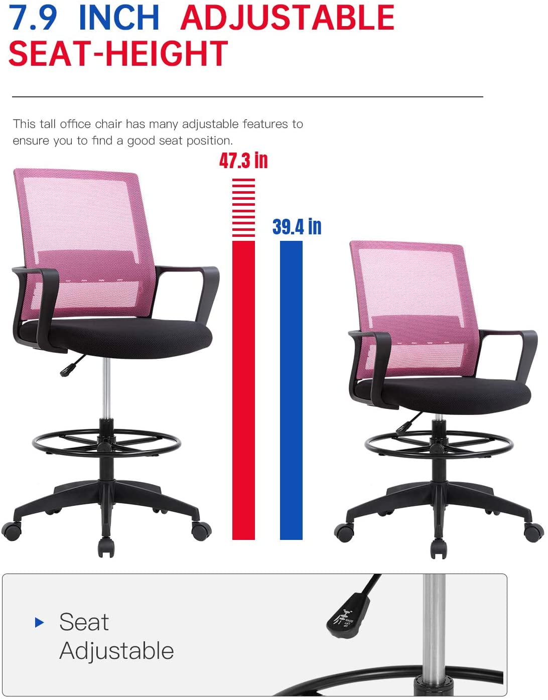 BestOffice Ergonomic Drafting Chair with Lumbar Support and Adjustable Arms (Pink, Mid Back) b32q5