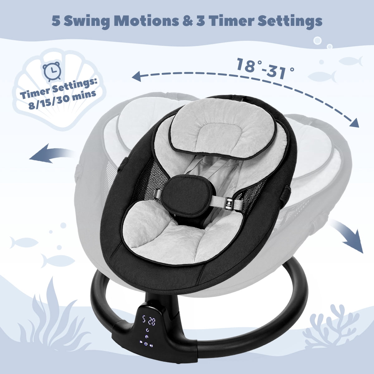 Caveen Electric Baby Swing for Infants, Bluetooth Music Bouncer Rocker with 5 Sway Modes and 5-Point Harness (Black, 24.41 in x 27.56 in x 20.87 in) jj9m7