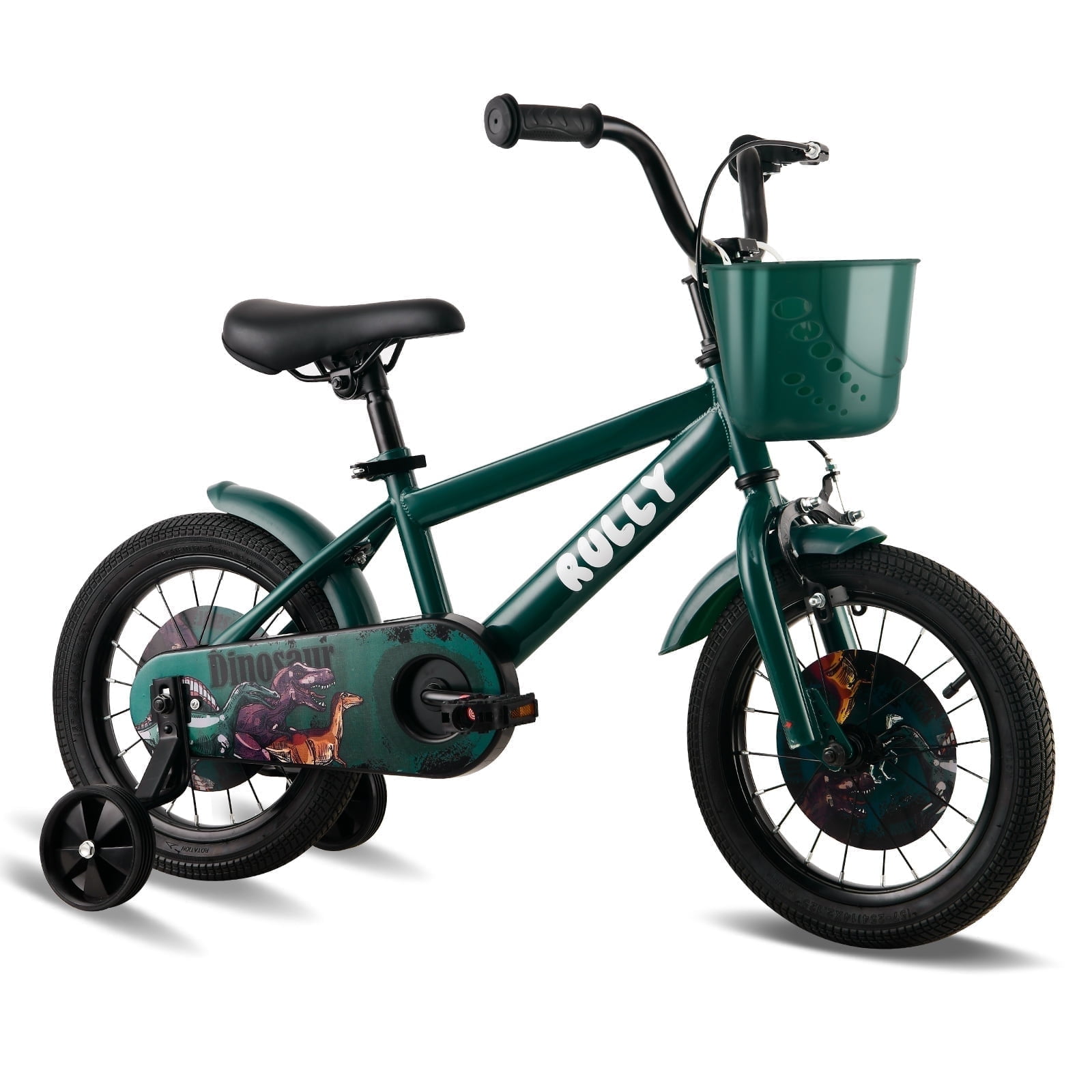 RULLY Dinosaur Kids Bike for Boys, Training Wheels, Basket, Coaster Brake (Green, 16 in) s1aor